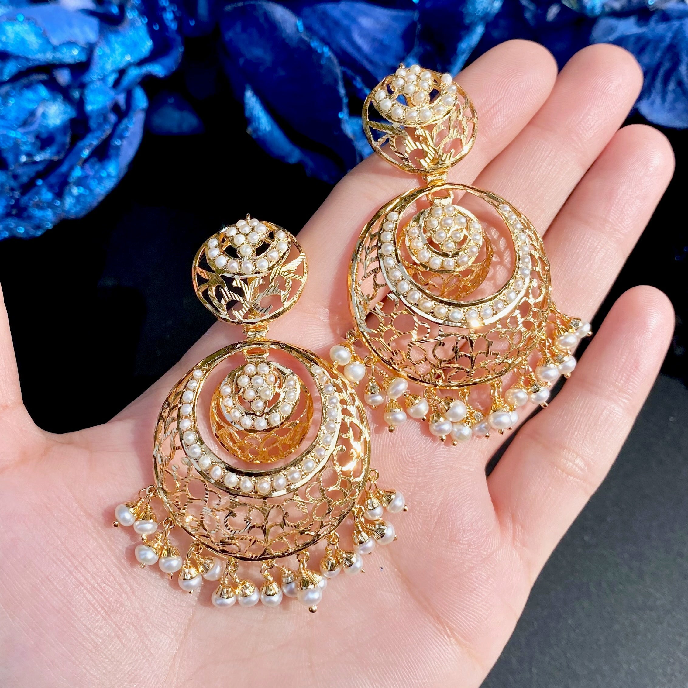 pearl chandbali earrings on gold plated silver