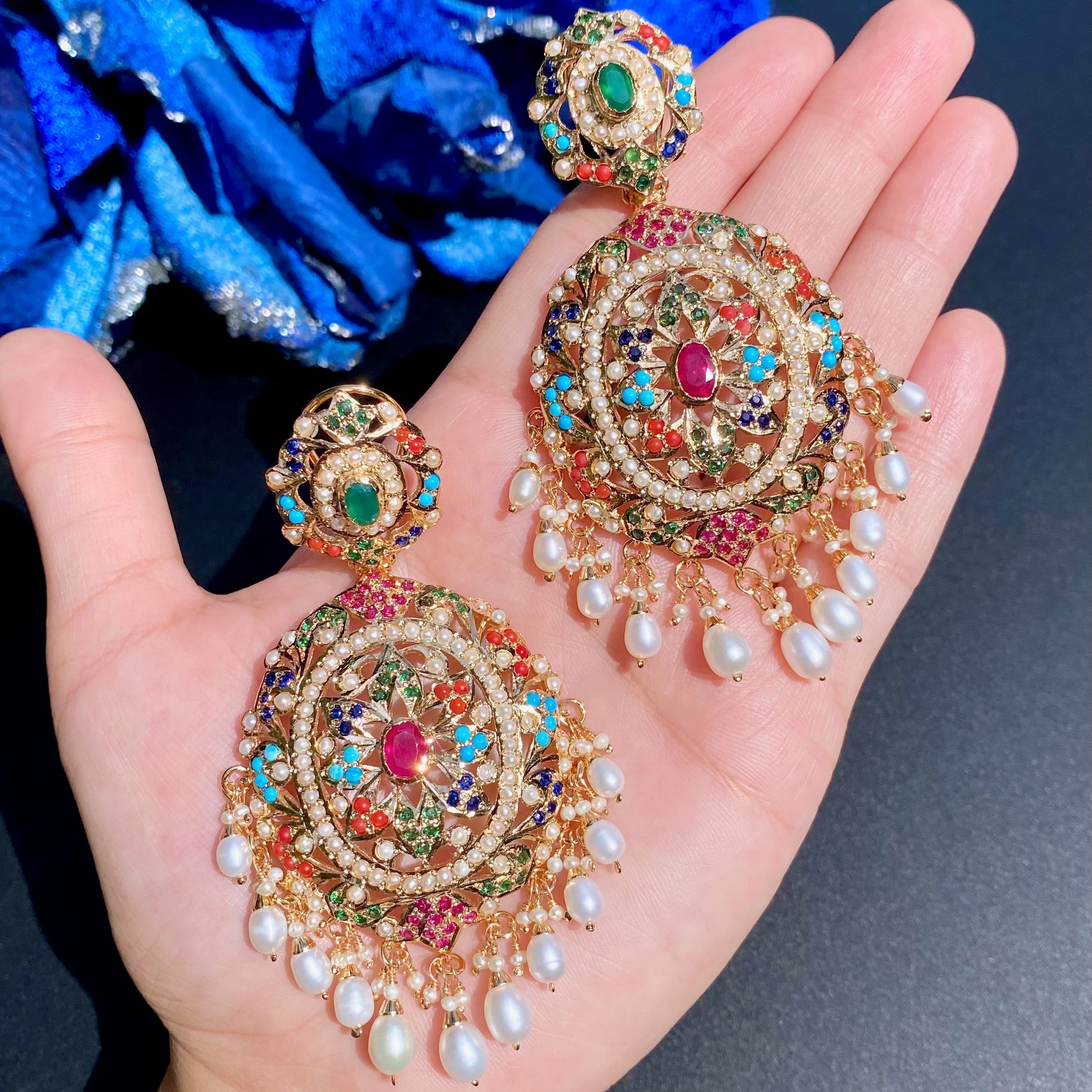 Navrattan Jadau Earrings in Gold Plated Silver ER 032