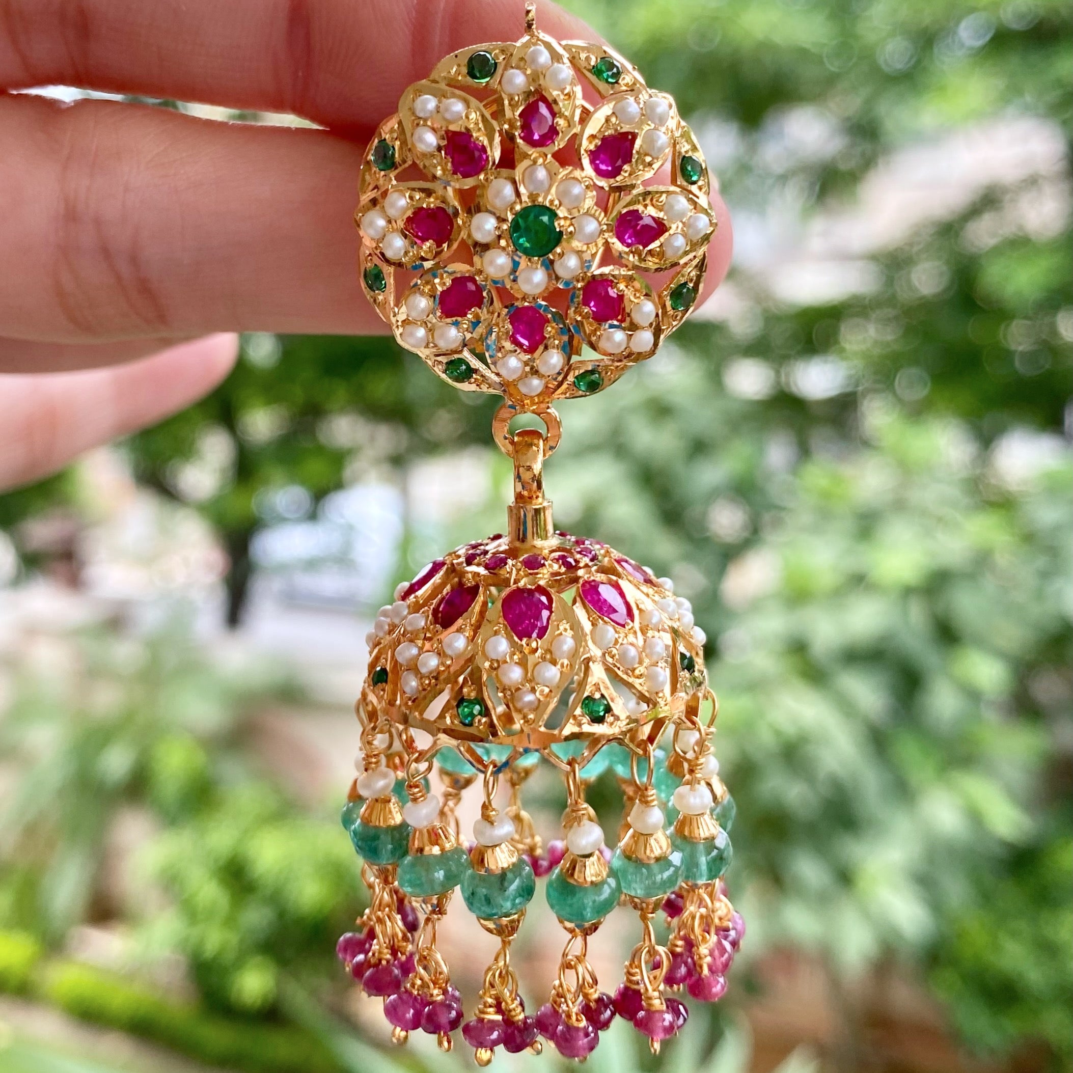 Gold Plated Jhumka Earrings | Silver Base Studded with Pearls & Colour Stones | ER 320