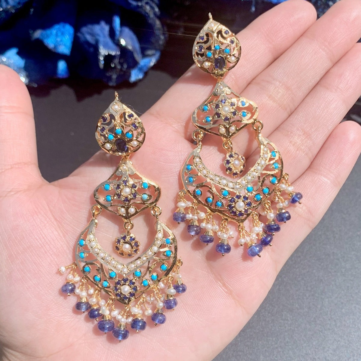 blue earrings made in silver with gold plating