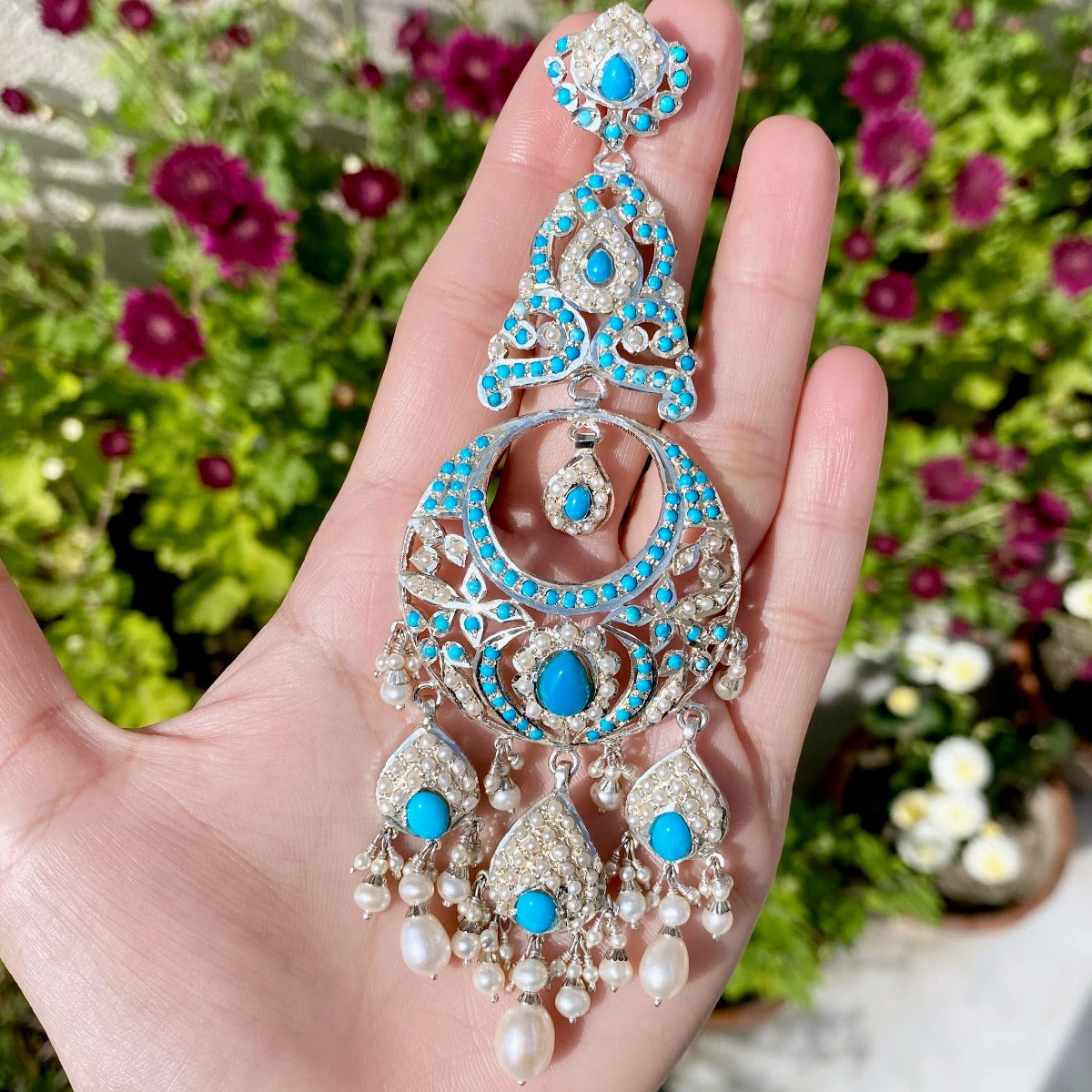 showstopper pakistani earrings with pearls and turquoise on silver