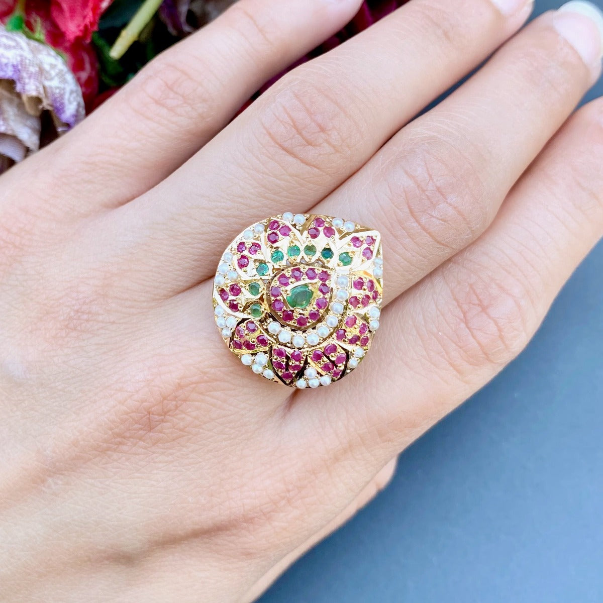 Multicolored Jadau Ring in 22k Gold GLR 036