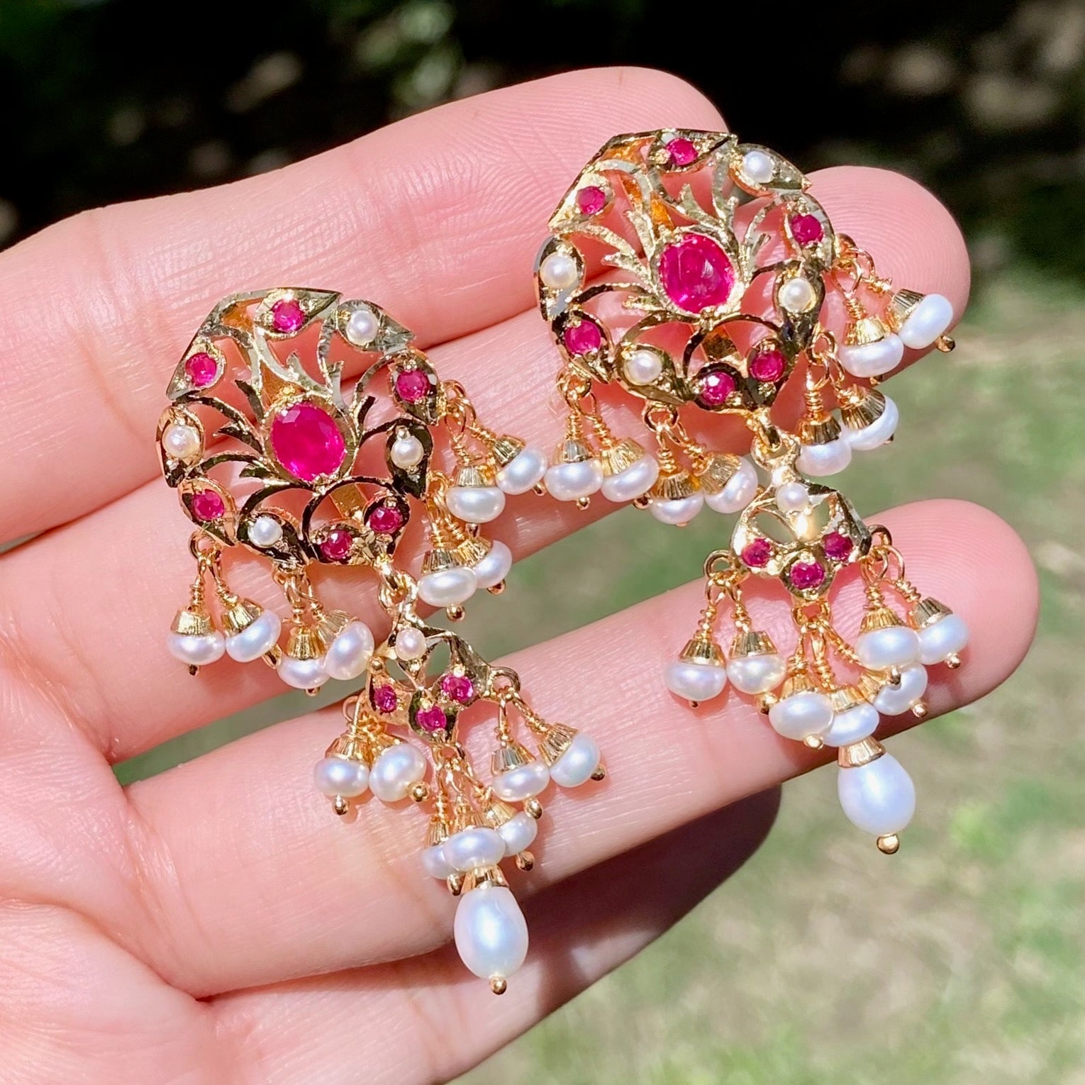 Ruby Red & Pearl Earrings | Gold Plated on Sterling Silver ER 619