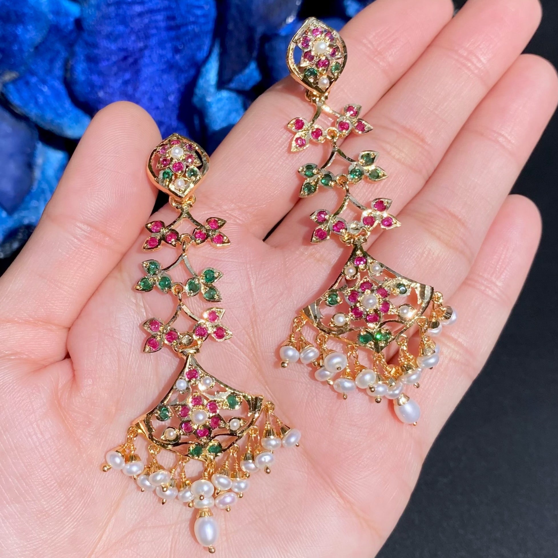 Long Ruby Emerald Danglers For Women | Gold Plated on Silver ER 615