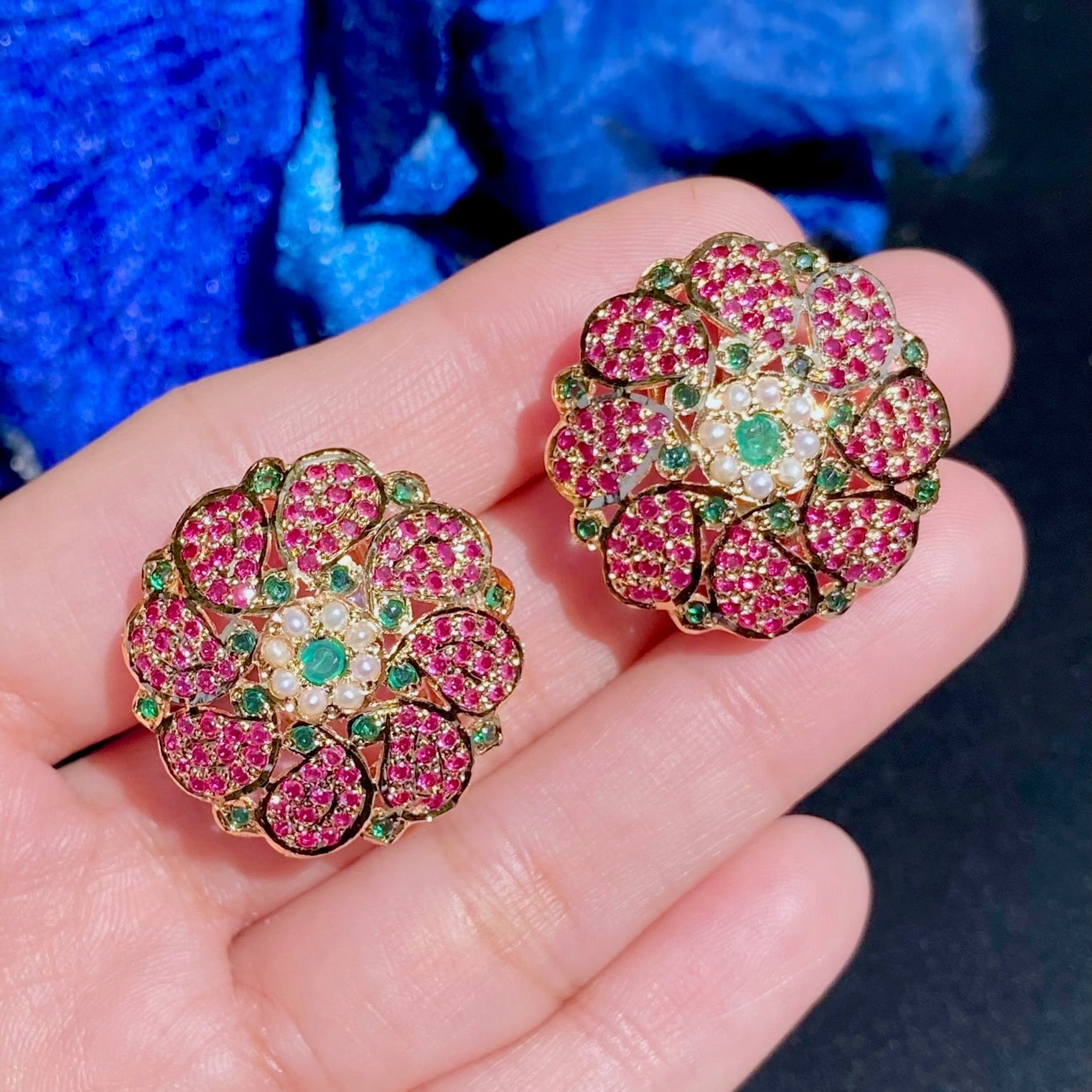 Premium Jadau Stud Earrings For Women | Gold Plated on Silver | Ruby Emerald Combination ER 624