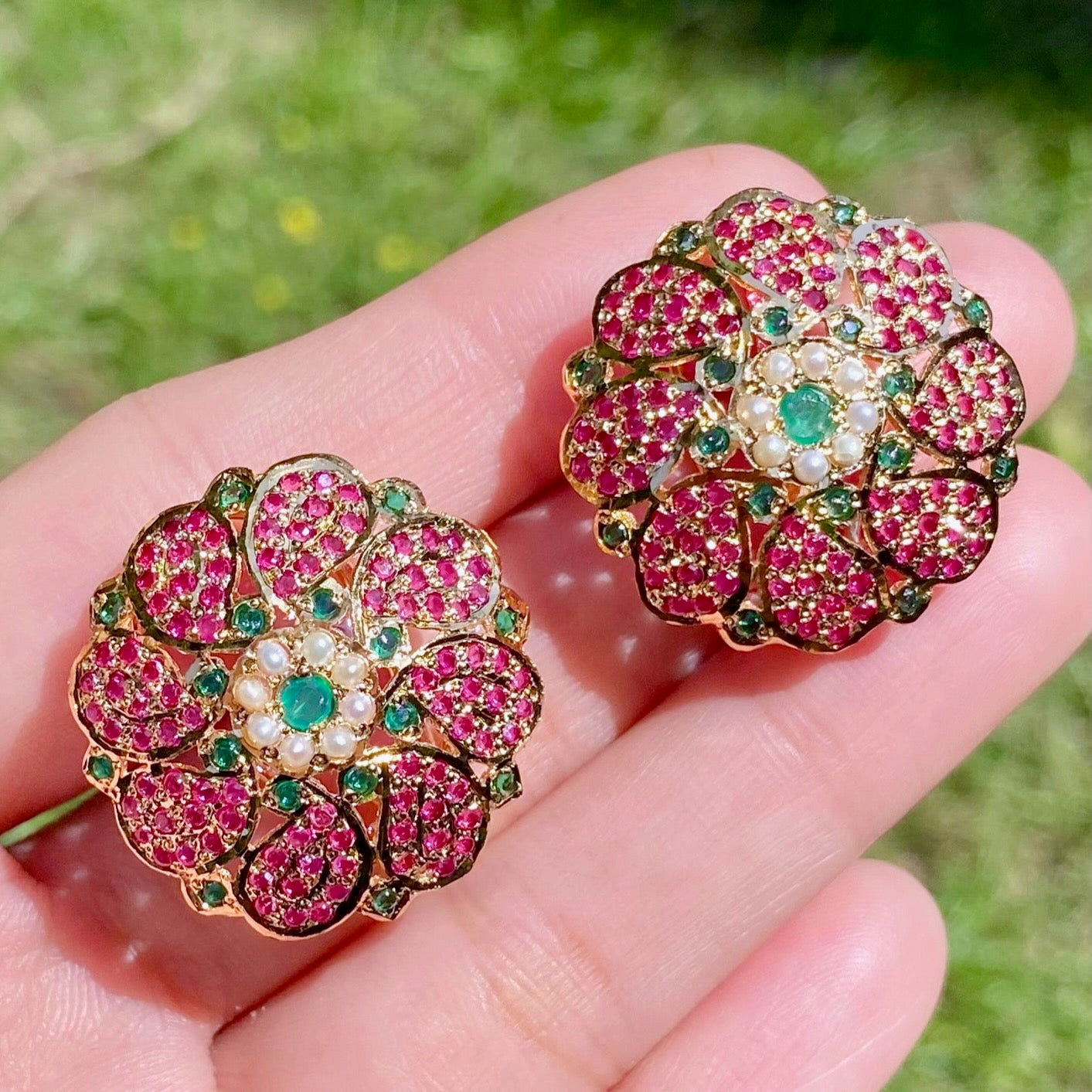 Premium Jadau Stud Earrings For Women | Gold Plated on Silver | Ruby Emerald Combination ER 624