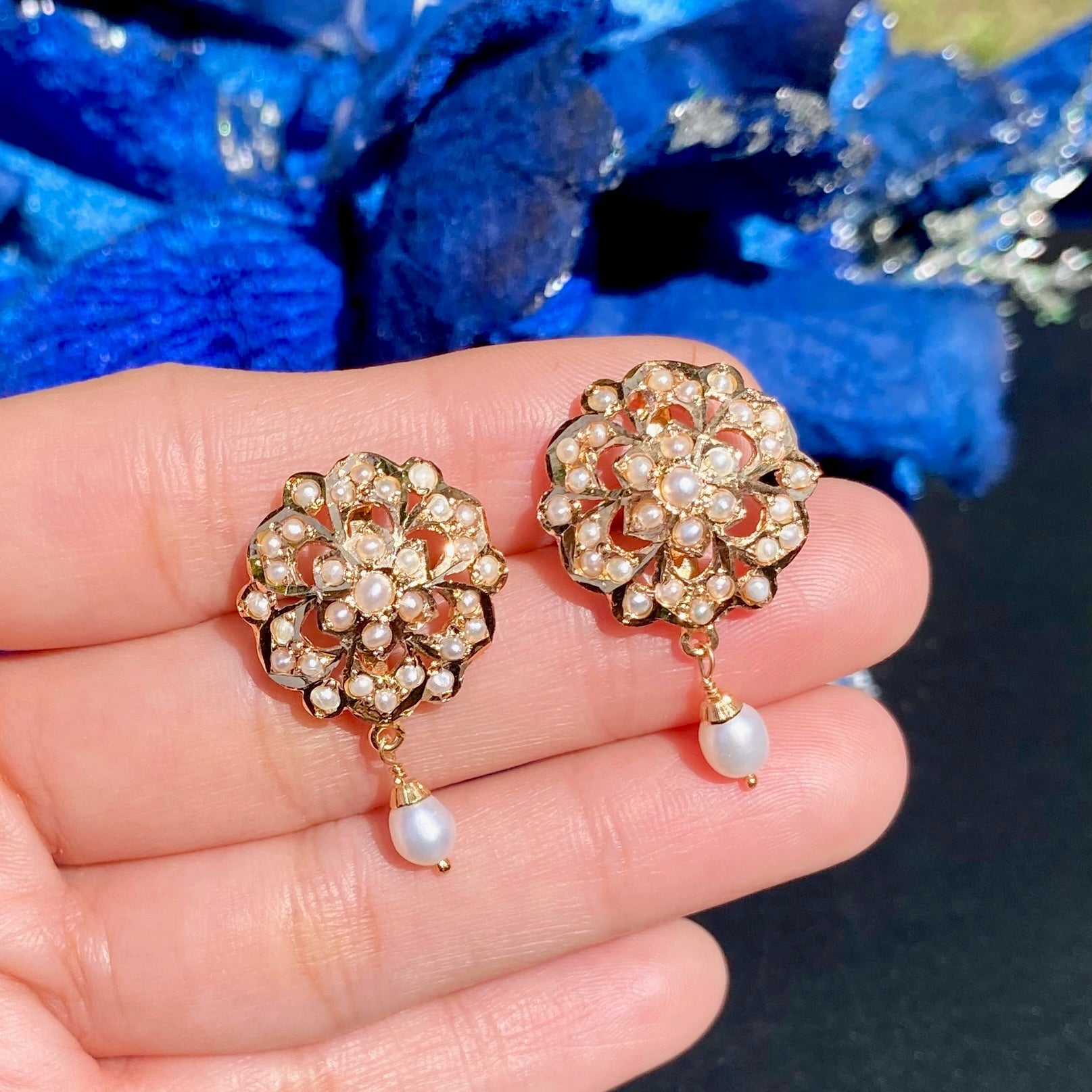Floral Jadau Stud Earrings | Freshwater Pearls & 925 Silver ER 622