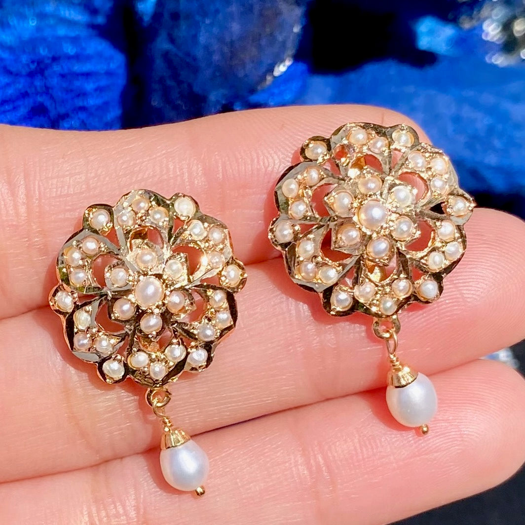 Floral Jadau Stud Earrings | Freshwater Pearls & 925 Silver ER 622