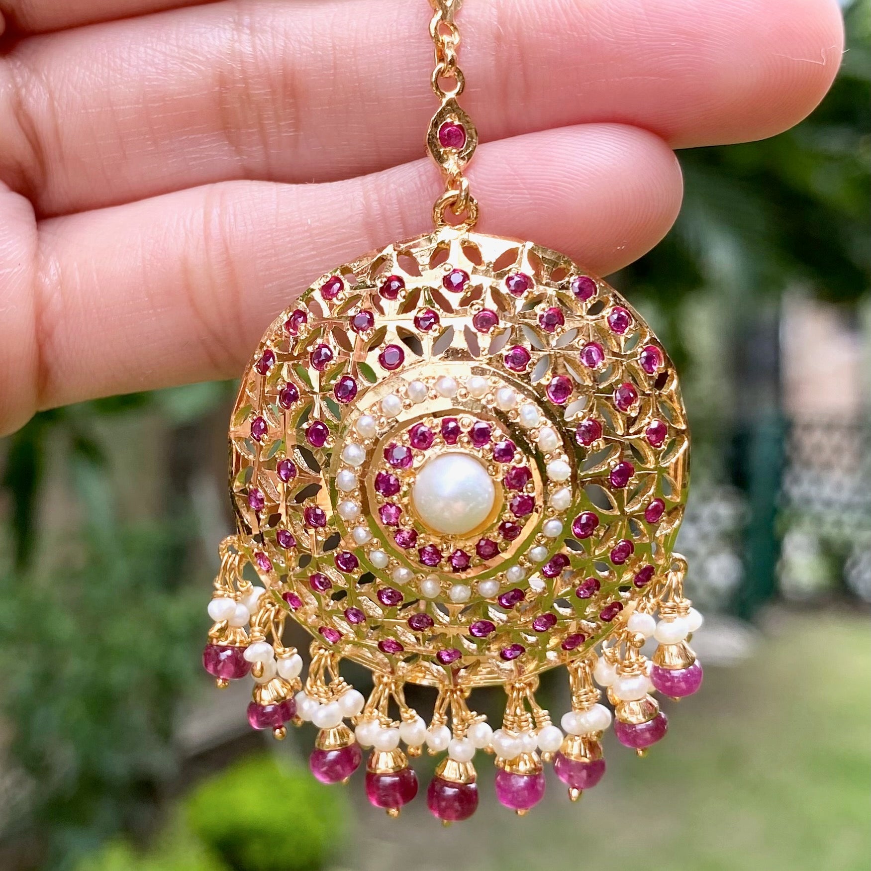 Ruby Mang Teeka | Round Punjabi Tikka For Women | Gold Plated Silver TK 095