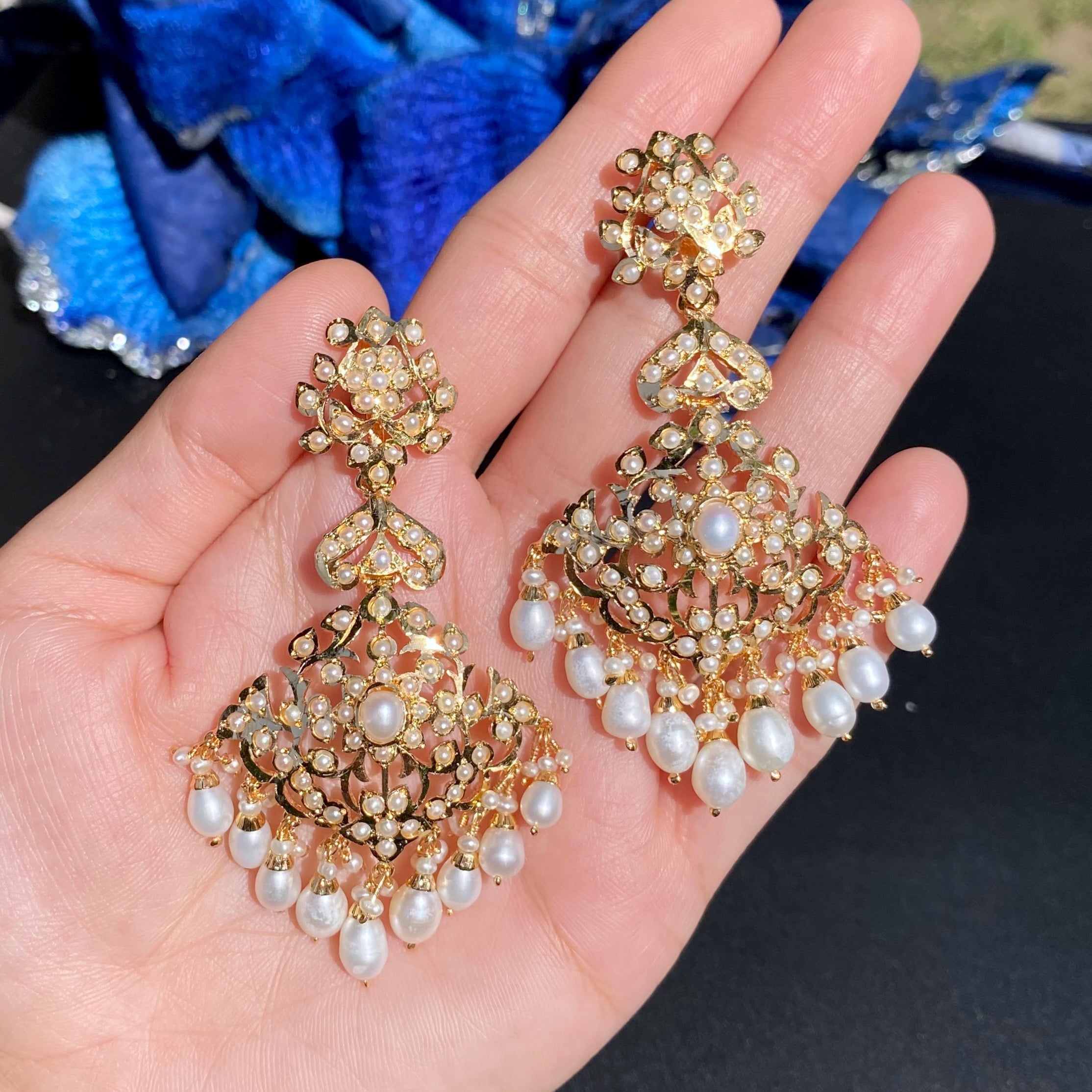 Intricate Silver Earrings studded with Freshwater Pearls | Gold Plated Indian Jewelry ER 612