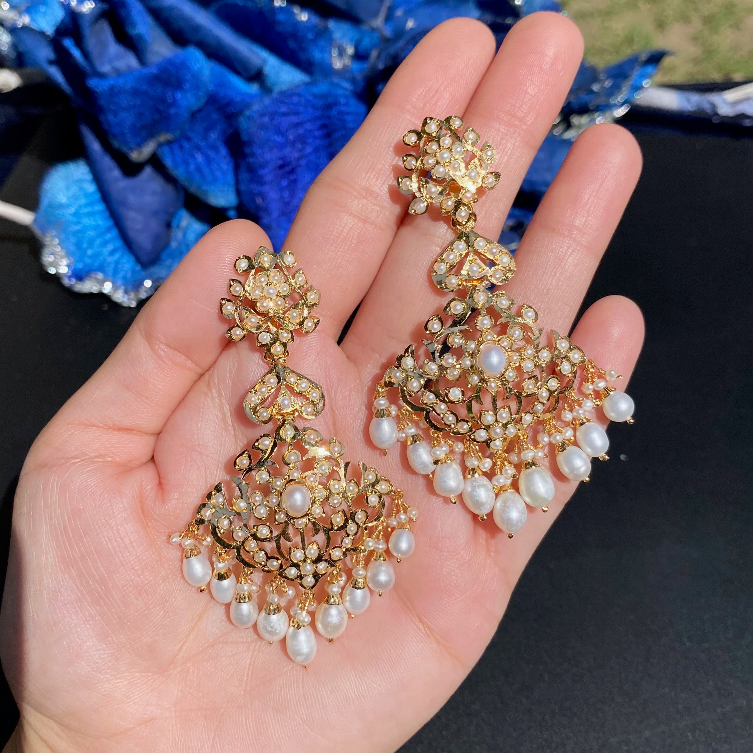 Intricate Silver Earrings studded with Freshwater Pearls | Gold Plated Indian Jewelry ER 612