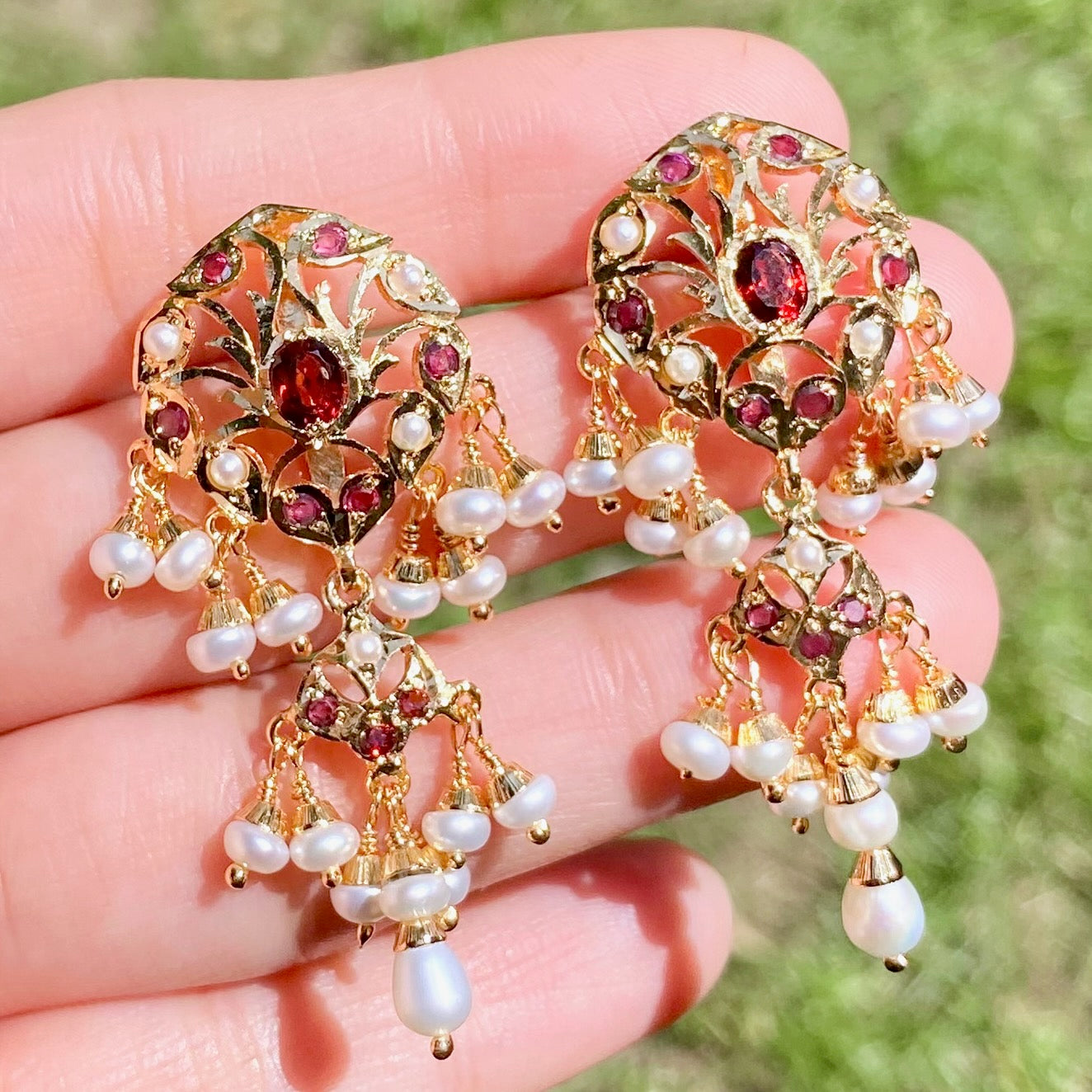 Garnet and Pearl Earrings For Women | Gold Plated on 925 Silver ER 620