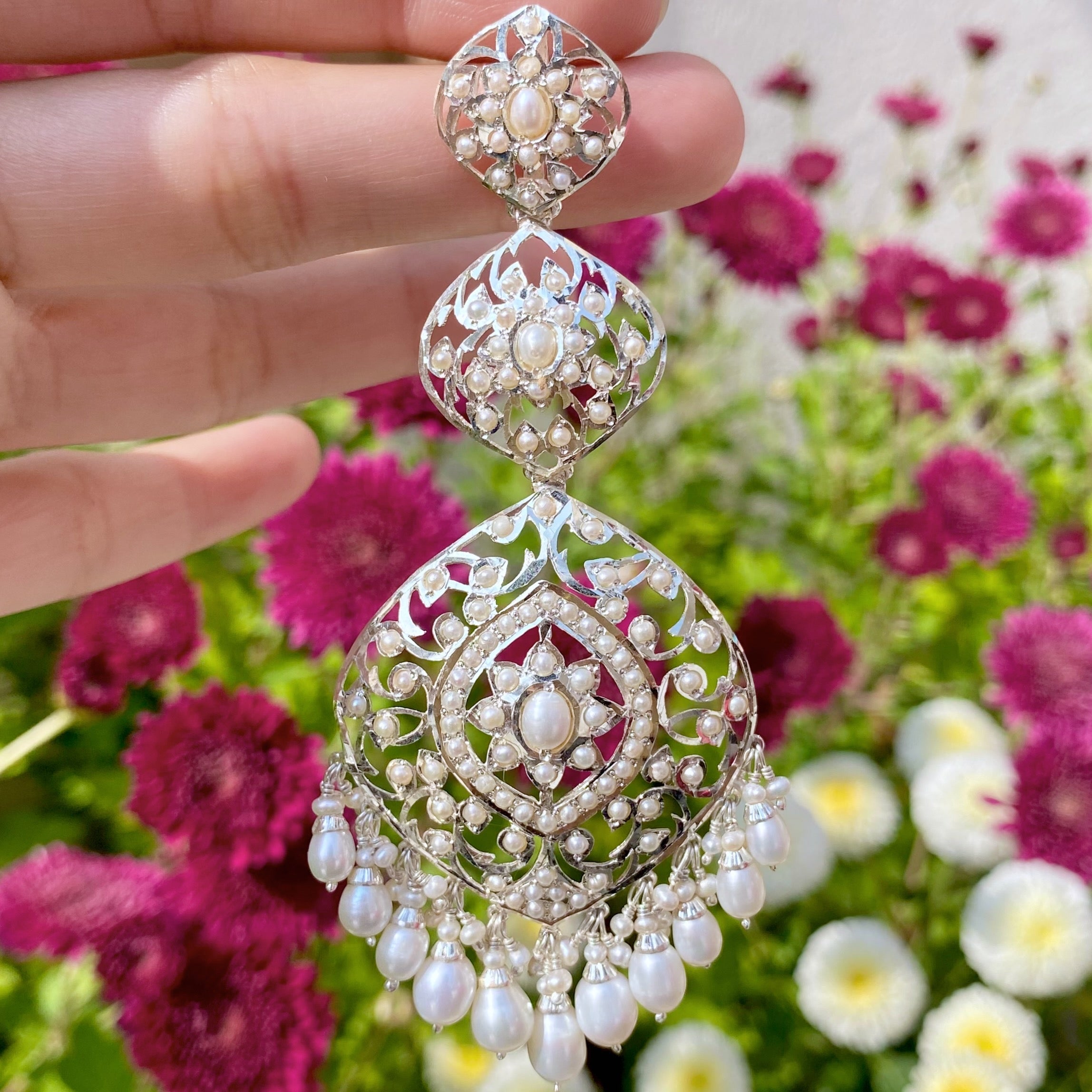 Large Boho Silver Earrings | Seed Pearl Jewelry | Handmade