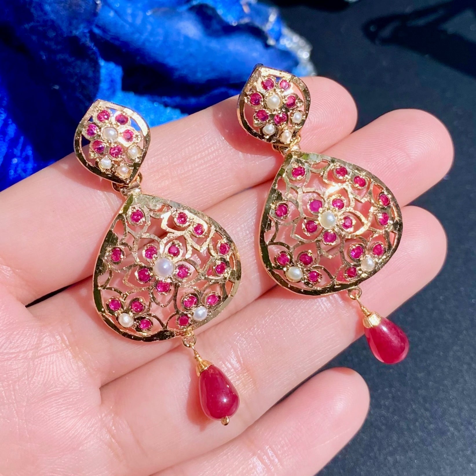 Red Stones Jadau Pendant Set | Unique Floral Design | Sterling Silver Base with Gold Plating PS 128
