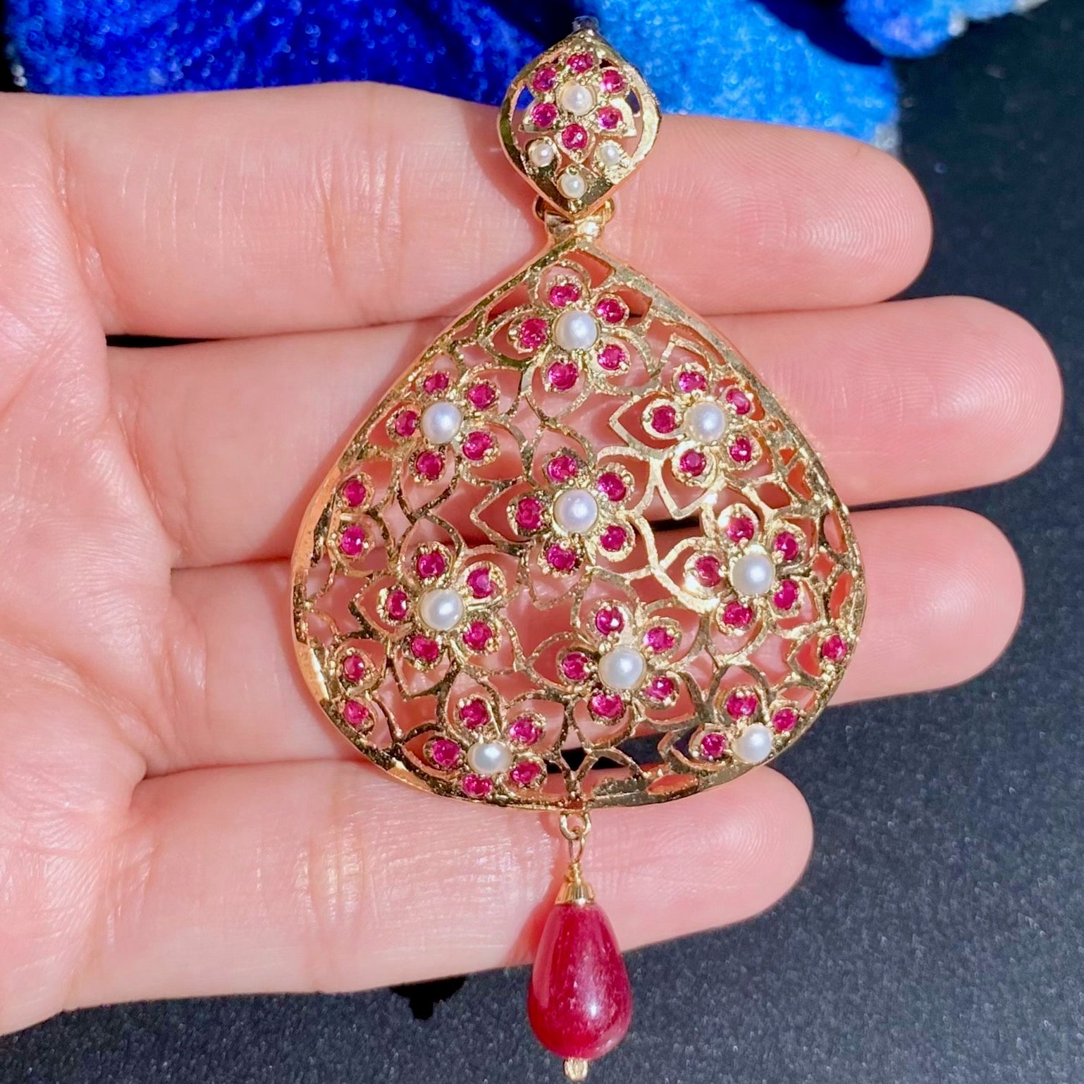 Red Stones Jadau Pendant Set | Unique Floral Design | Sterling Silver Base with Gold Plating PS 128