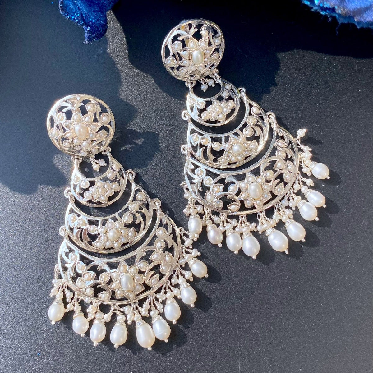 boho indian style silver earrings with pearls