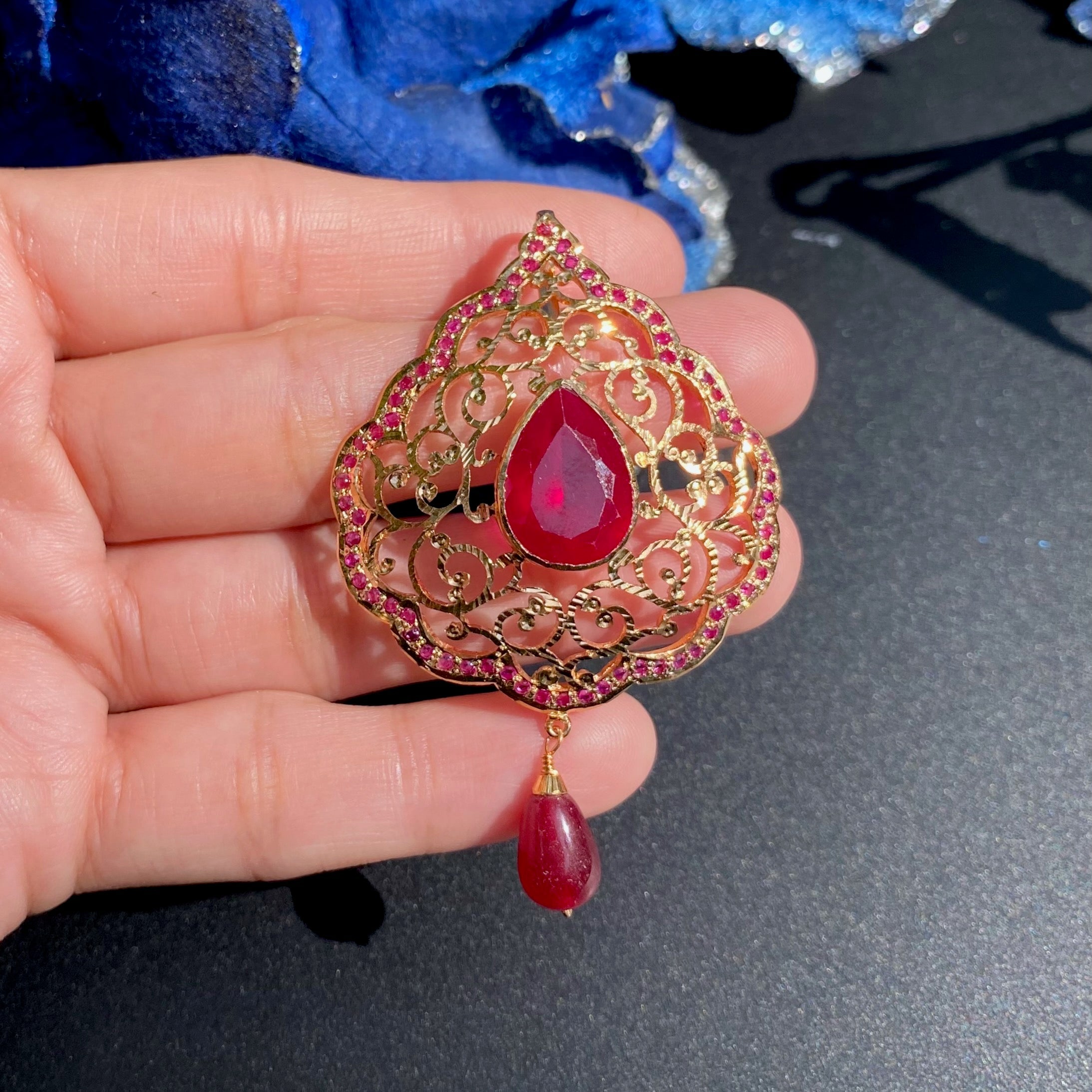 Jadau Pendant Set with Filigree Work | Red Stones | Silver Base PS 127