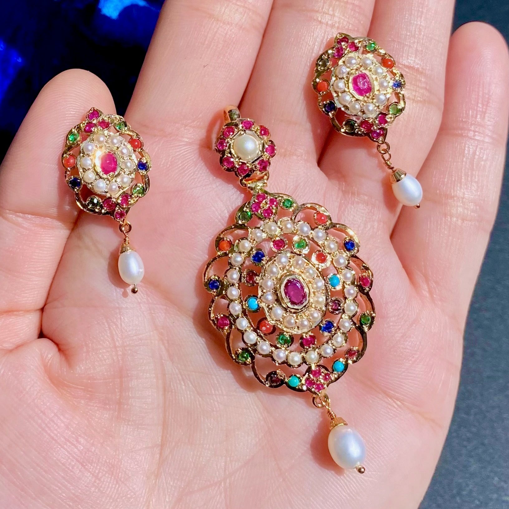 Delicate Navratna Pendant Set | Gold Plated on Silver Base PS 132