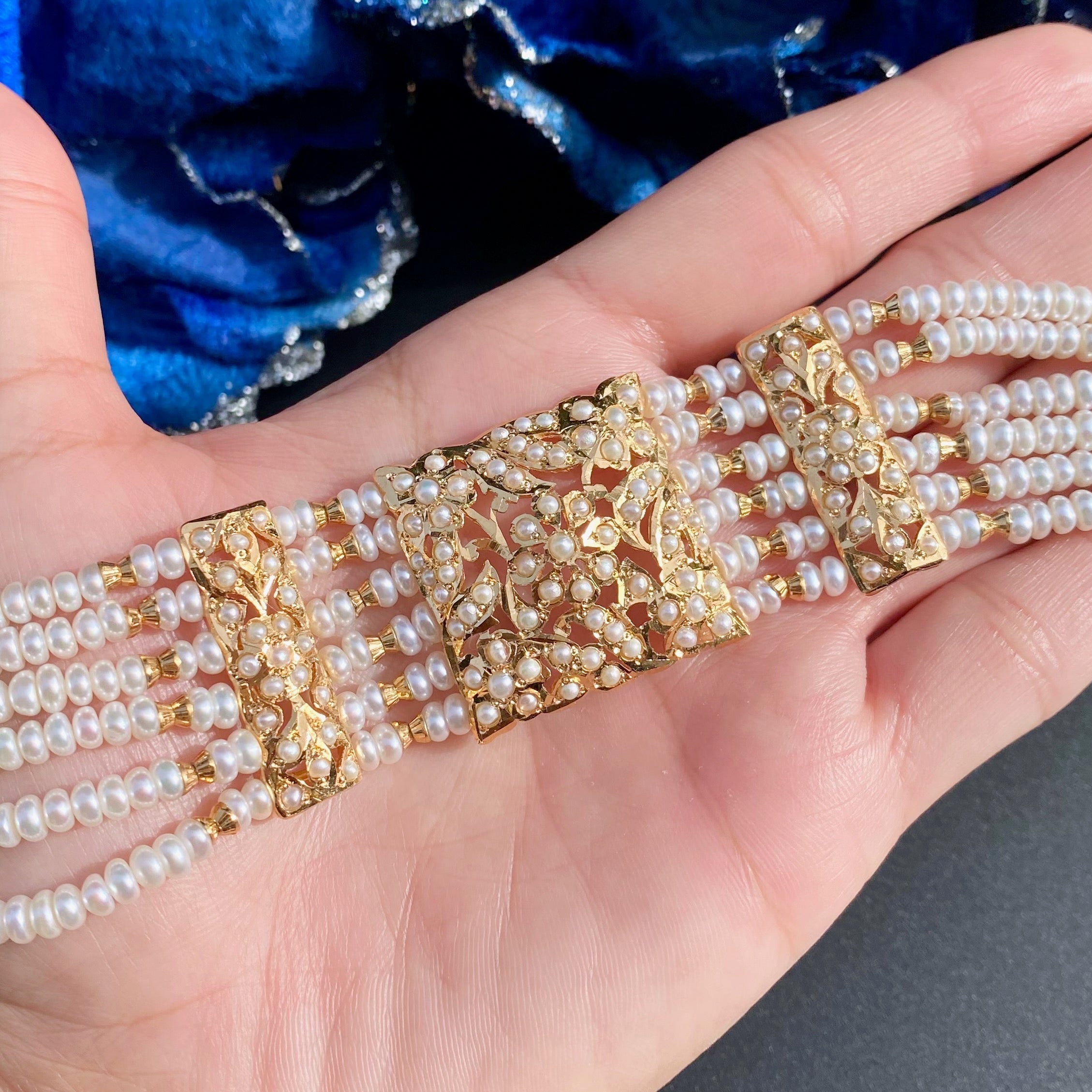 Traditional Hyderabadi Pearl Bracelet on 925 Silver with Gold Plating | Authentic Freshwater Pearls BG 138