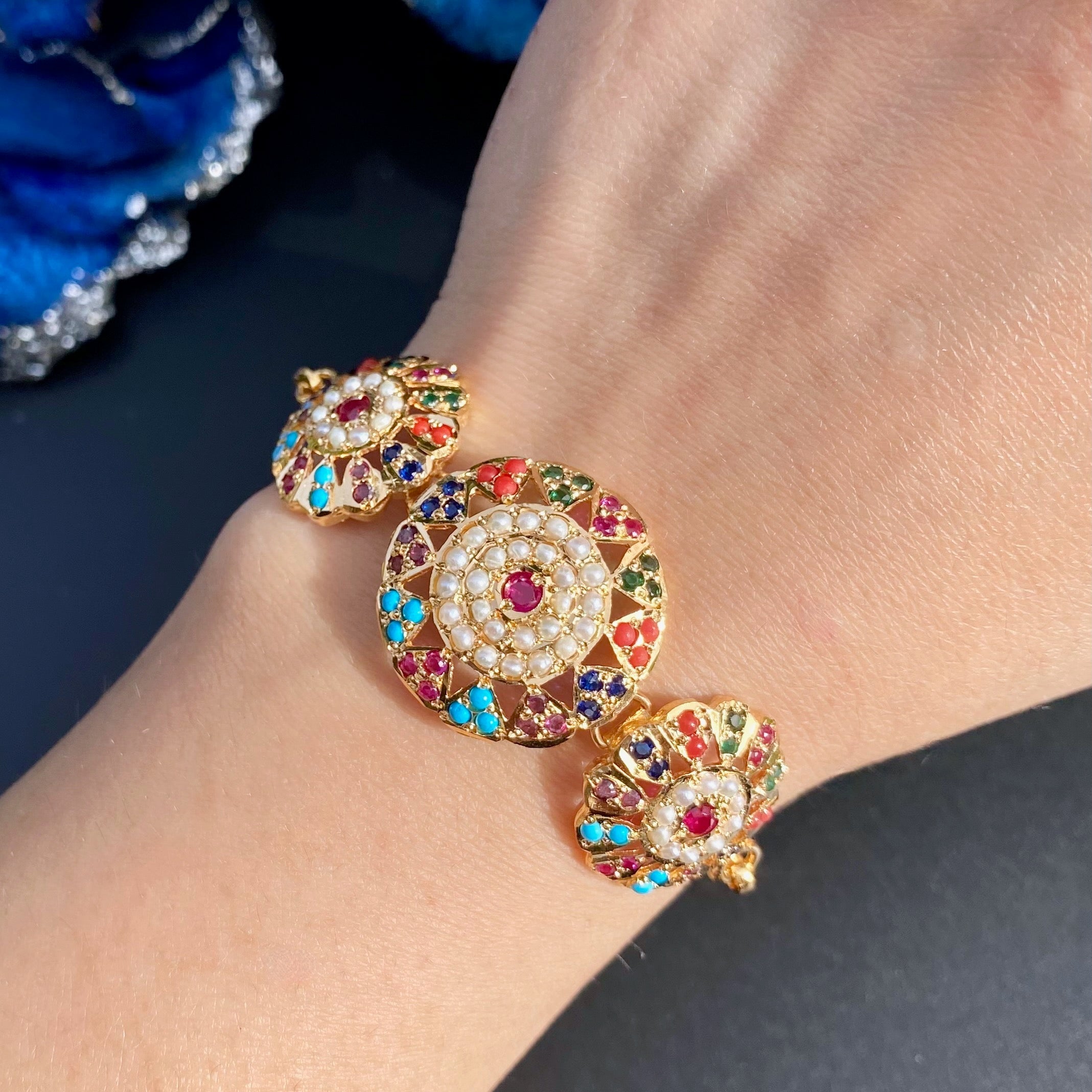 Navratna Bracelet for Women | Adjustable Length | Gold Plated on Silver Base BG 143