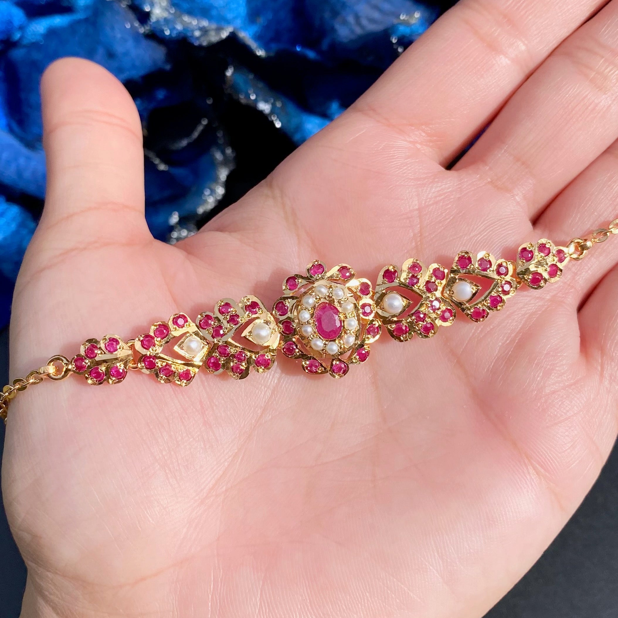 Jadau Bracelet in Red Stones & Pearls | Gold Plated on Silver BG 145