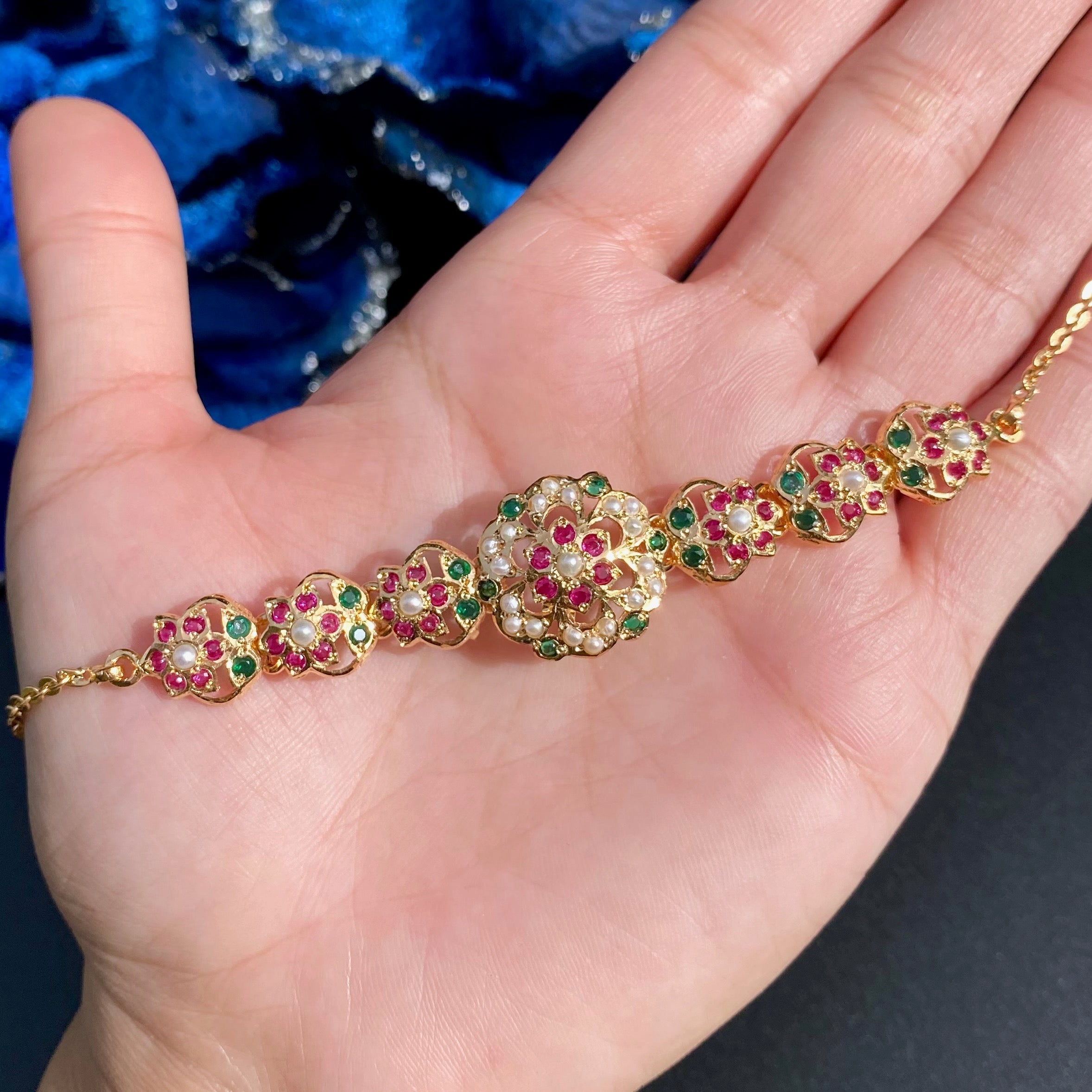 Jadau Bracelet in Red Green Stones & Pearls | Gold Plated on Silver BG 150