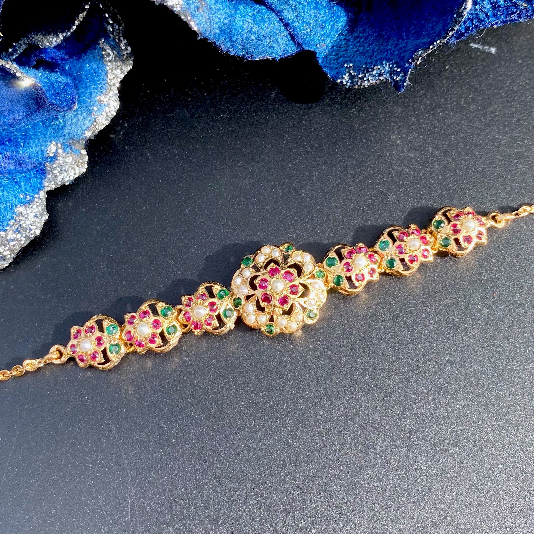 Jadau Bracelet in Red Green Stones & Pearls | Gold Plated on Silver BG 150