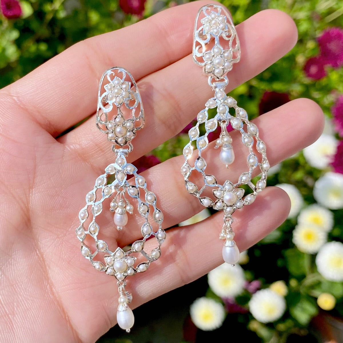 Dainty Edwardian Pearl Earrings | Sterling Silver