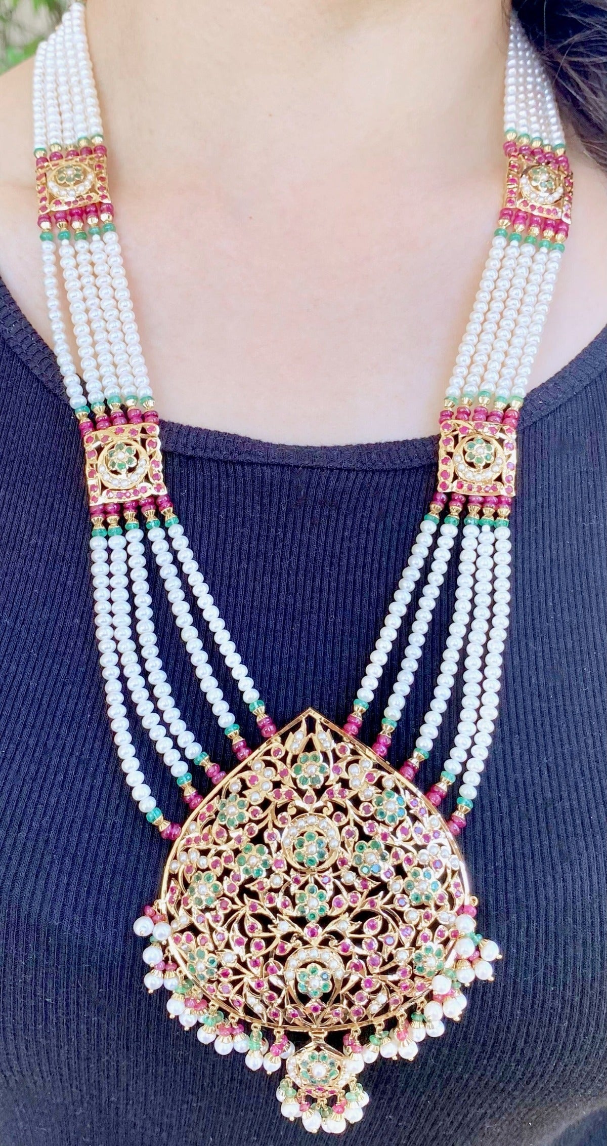 Bengali Jorowa Long Necklace Set | Ranihaar in Multicolors | 22k Gold