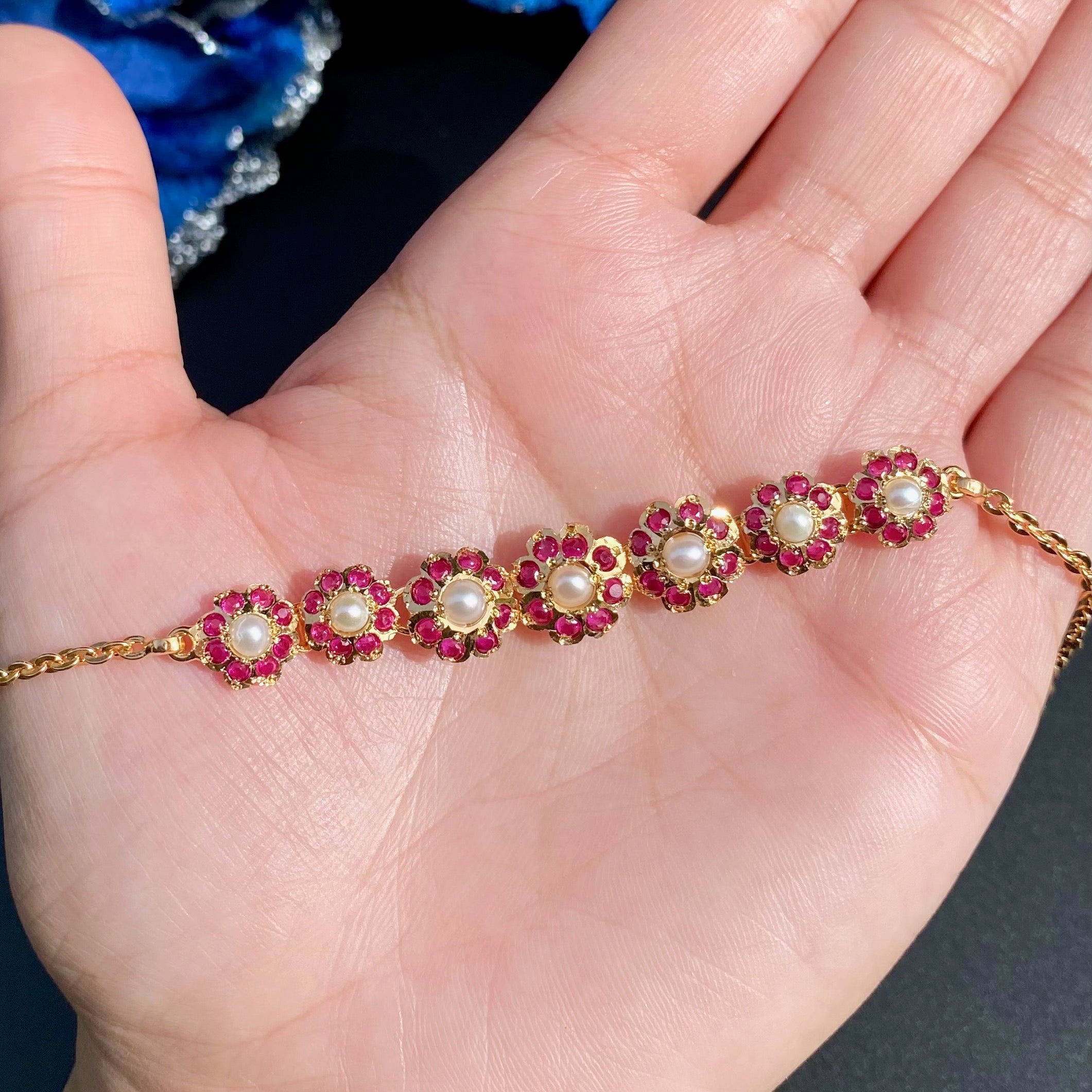 Dainty Ruby & Pearl Bracelet | Minimalist Floral Design BG 152