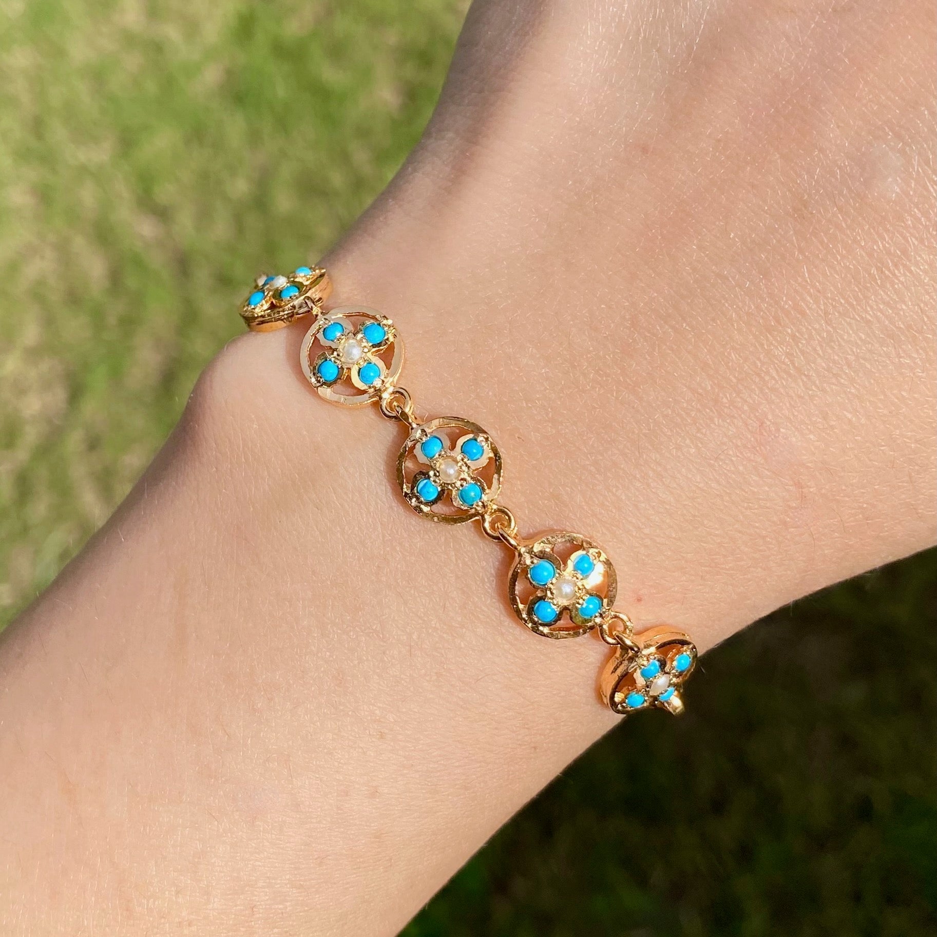 Dainty Turquoise & Pearl Bracelet | Gold Plated on Silver BG 156