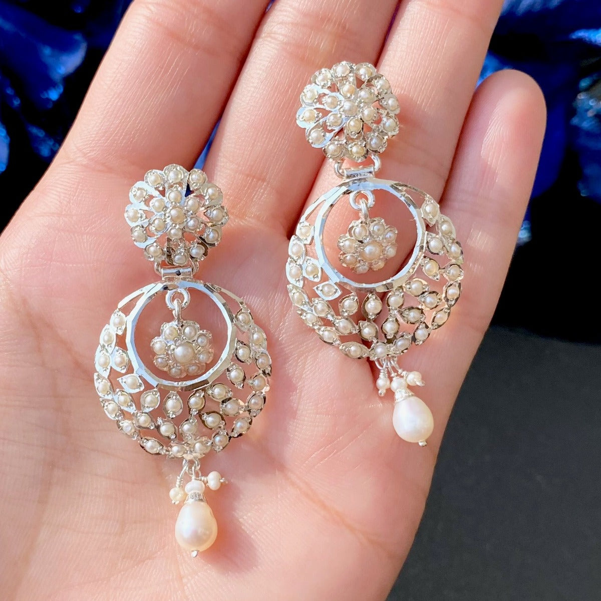 pearls and silver chandbali earring