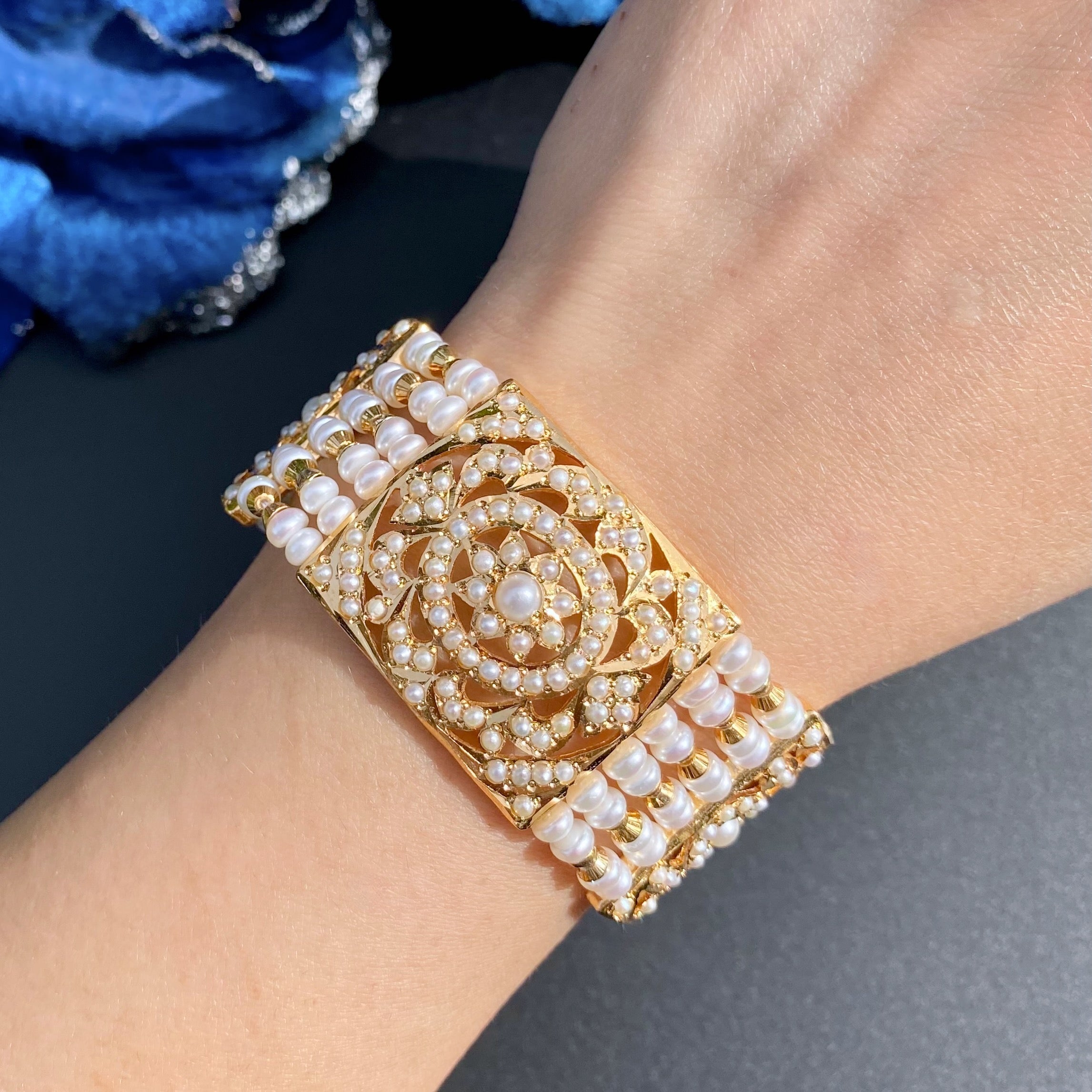 Traditional Pearl Dasti on 925 Silver with Gold Plating | Authentic Freshwater Pearls BG 136