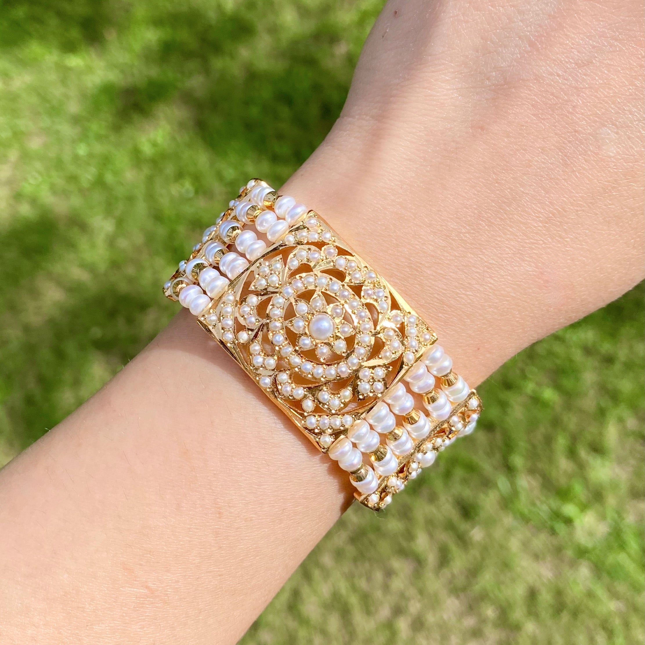 Traditional Pearl Dasti on 925 Silver with Gold Plating | Authentic Freshwater Pearls BG 136