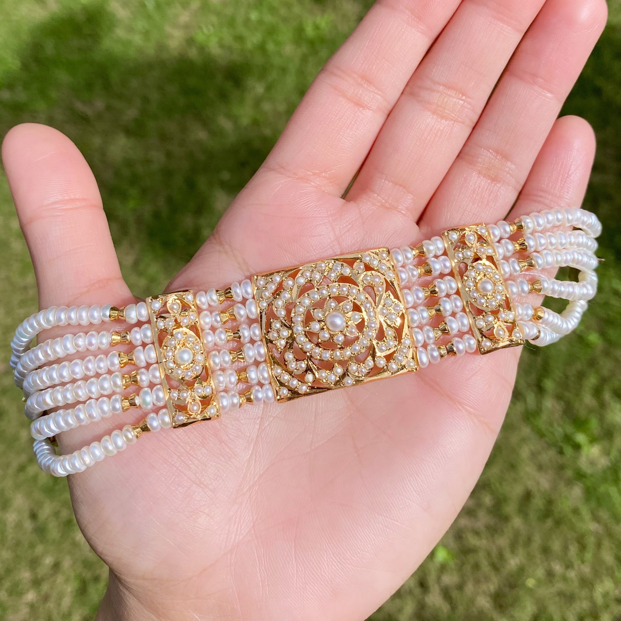 Traditional Pearl Dasti on 925 Silver with Gold Plating | Authentic Freshwater Pearls BG 136