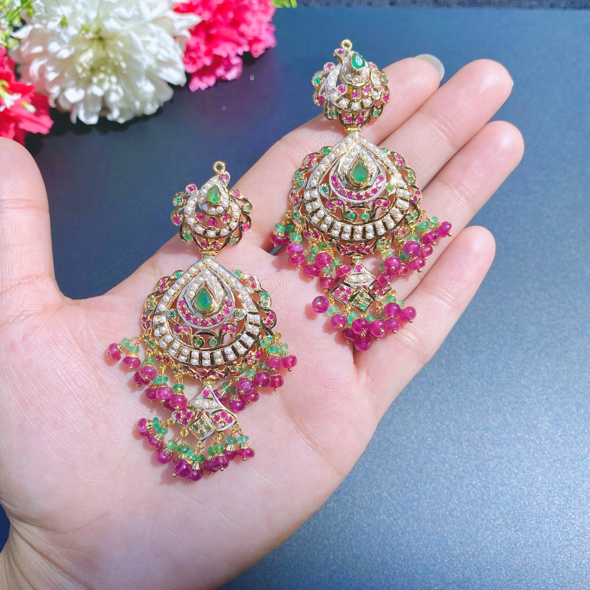 bengali earrings with ruby emerald and pearls
