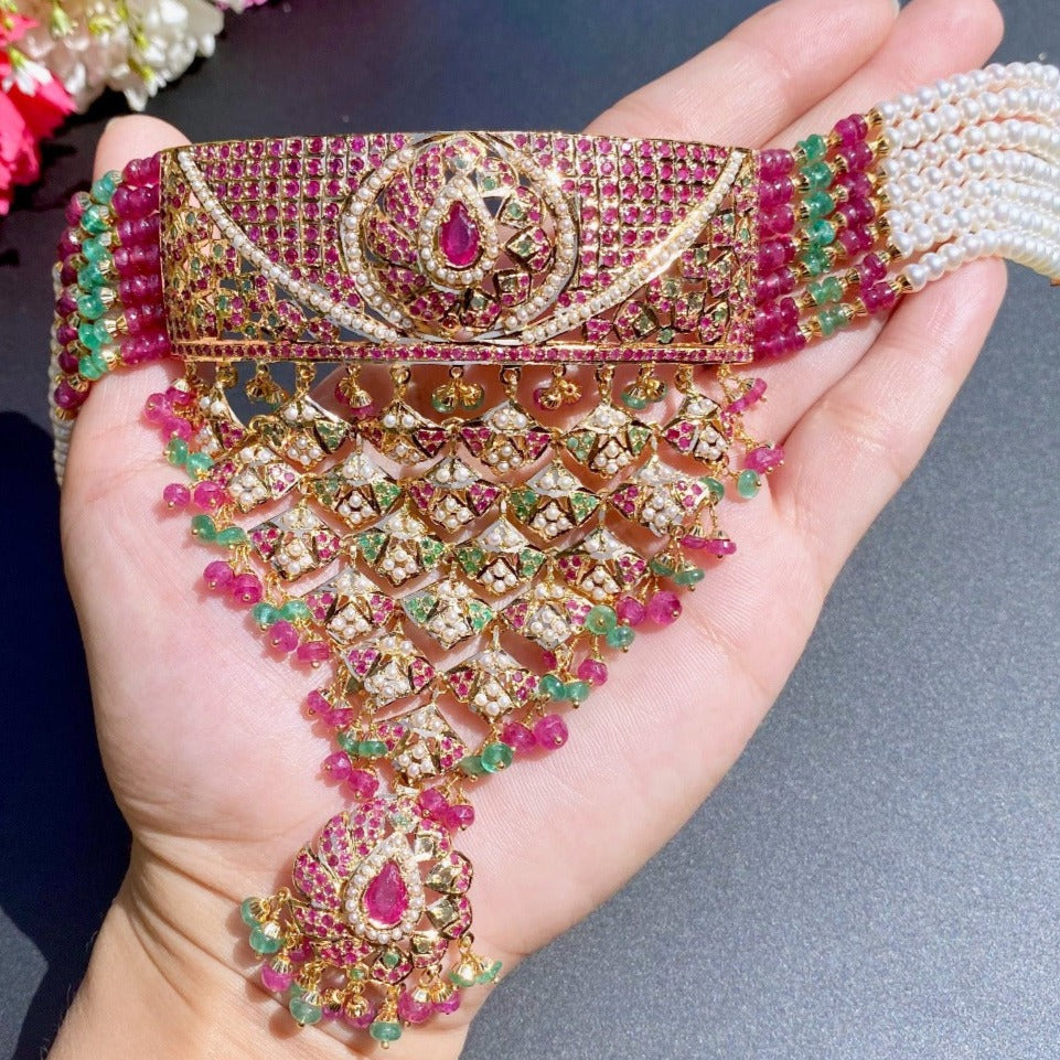 mughal choker in gold with ruby emerald and pearls