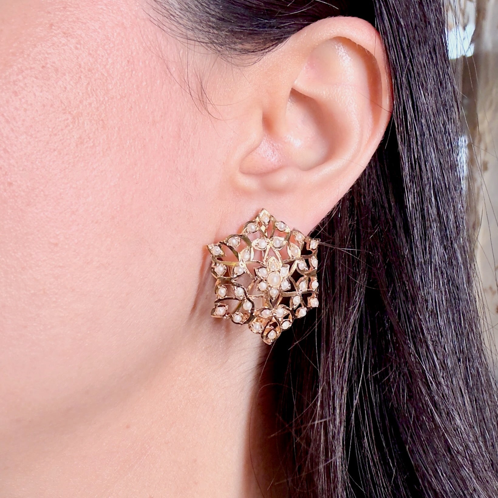 Modern Gold Plated Pearl Earrings | Jadau Studs ER 480