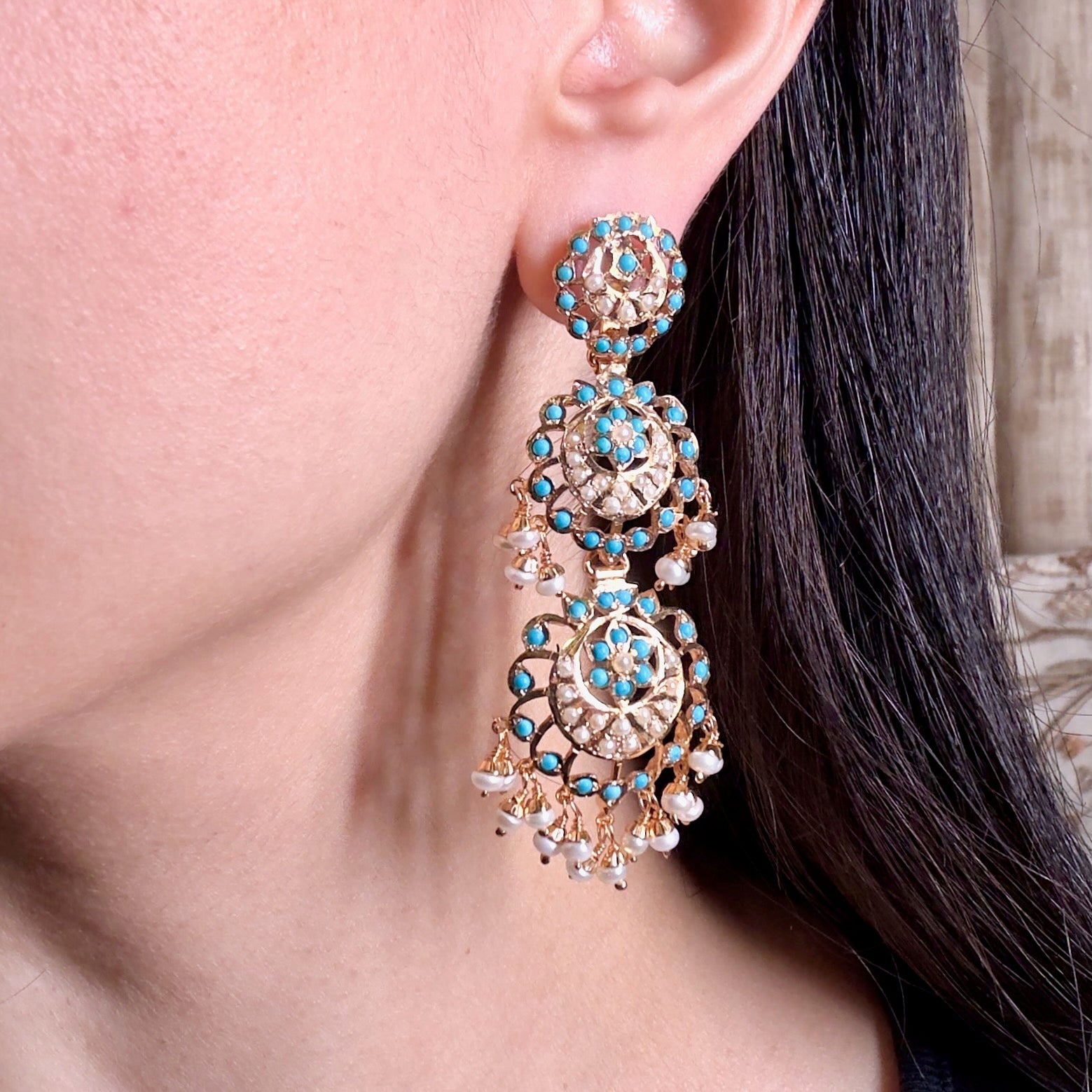 Tall Firoza Danglers | Gold Plated Turquoise Earrings ER 486
