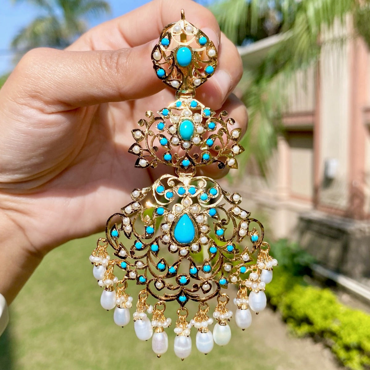 gold plated Punjabi danglers with pearls and pheroza