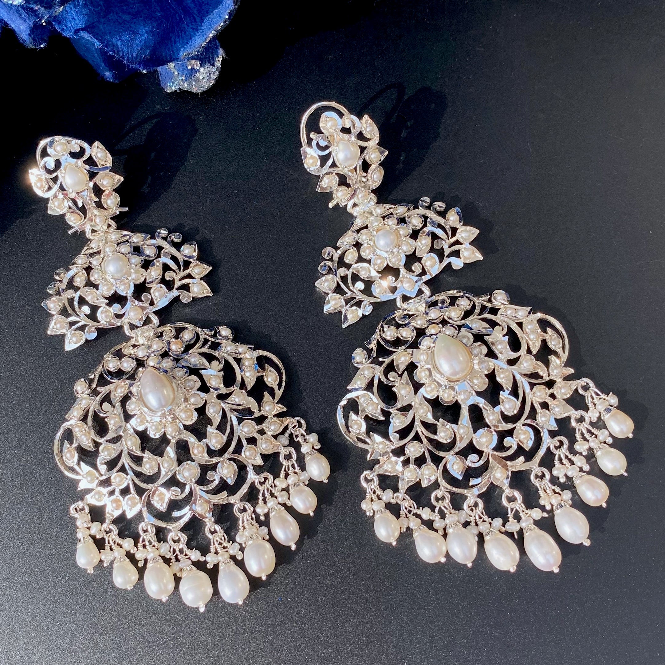 Edwardian Style Silver Danglers | Statement Pearl Earrings 