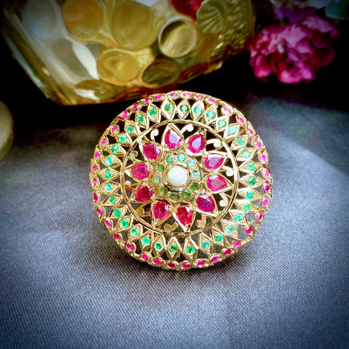 Statement Cocktail Ring in Gold Studded with Ruby Emerald and Pearl GLR 005