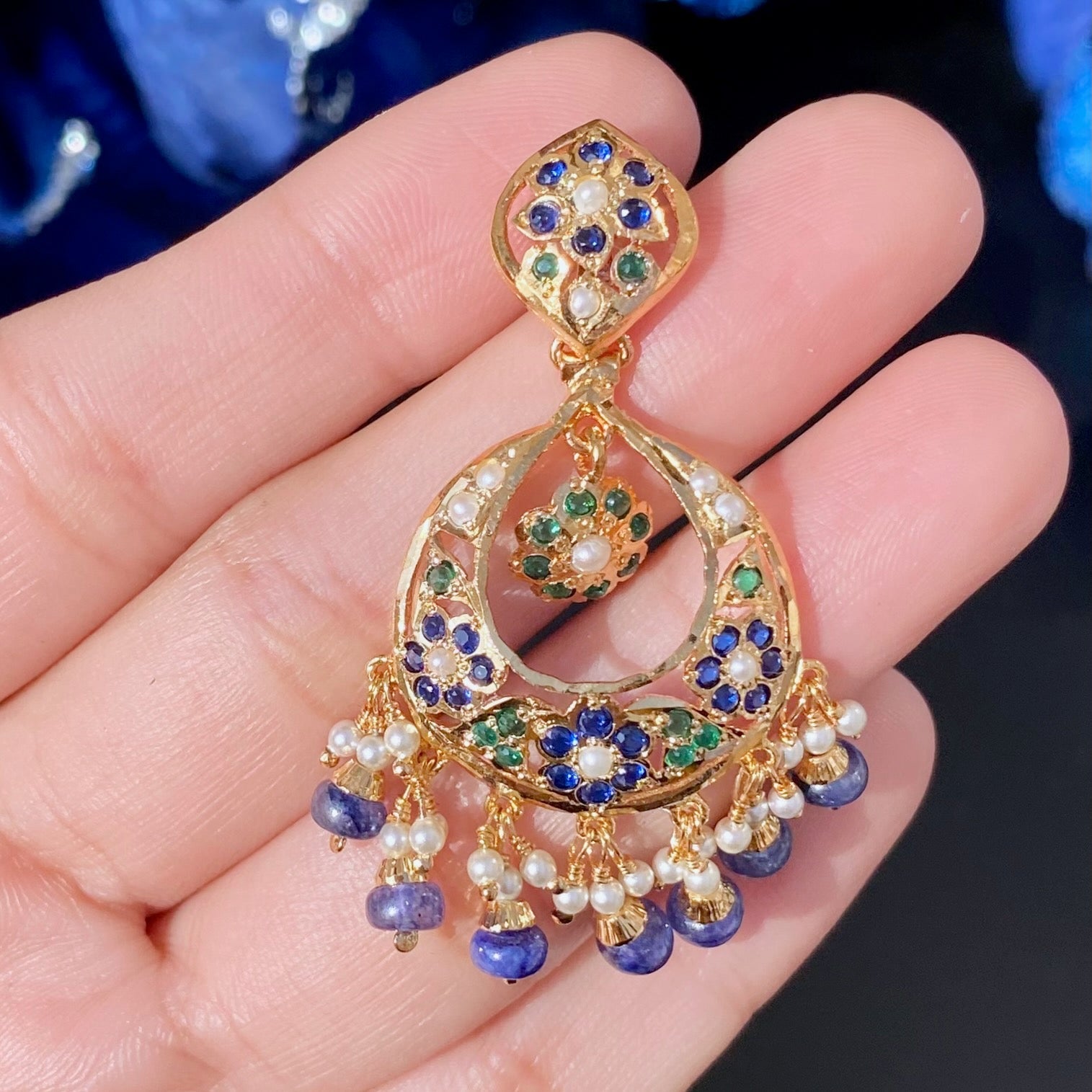 jadau chandbali with royal blue stones