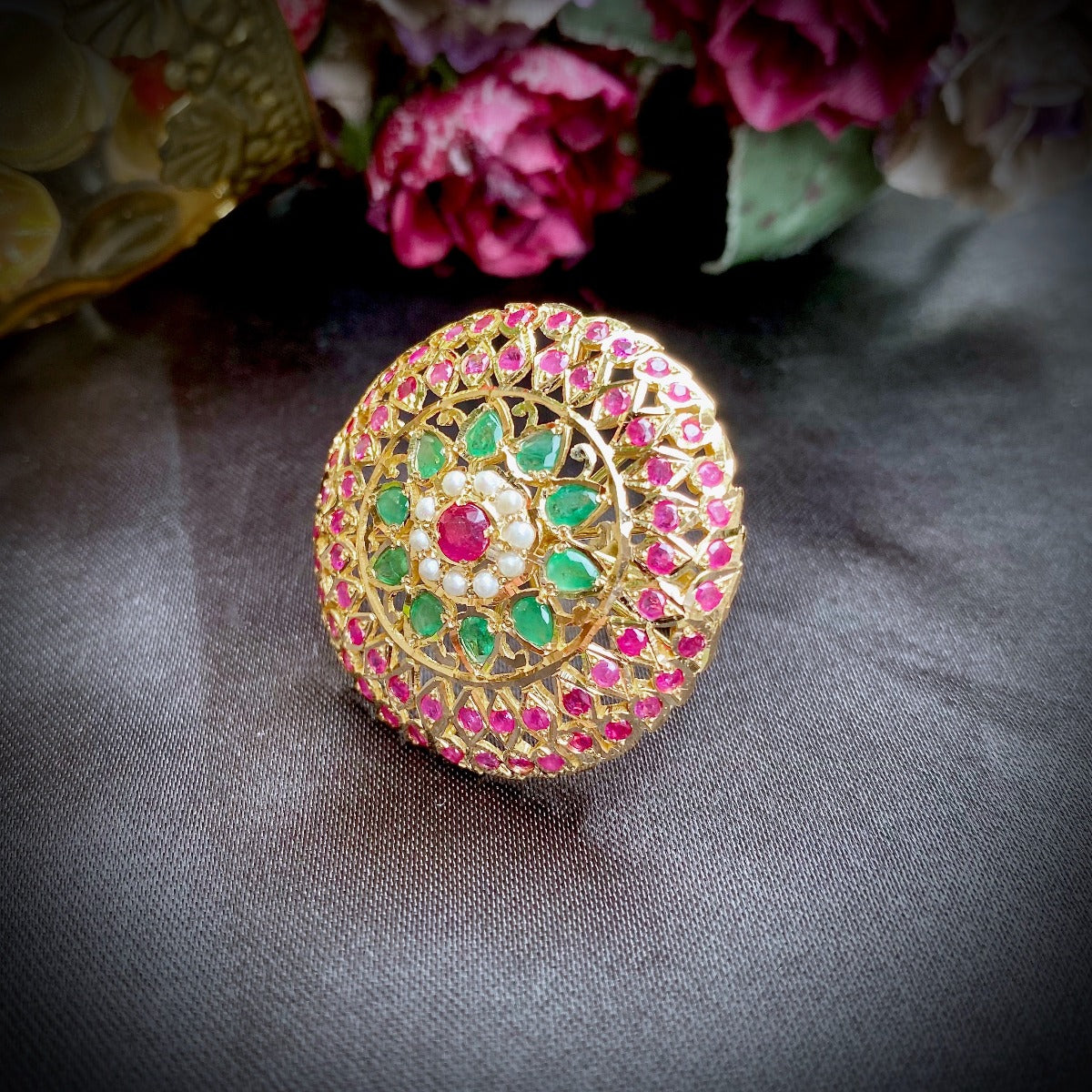 Jadau Cocktail Ring with Precious Gemstones | Antique 22ct Gold Ladies Ring GLR 001