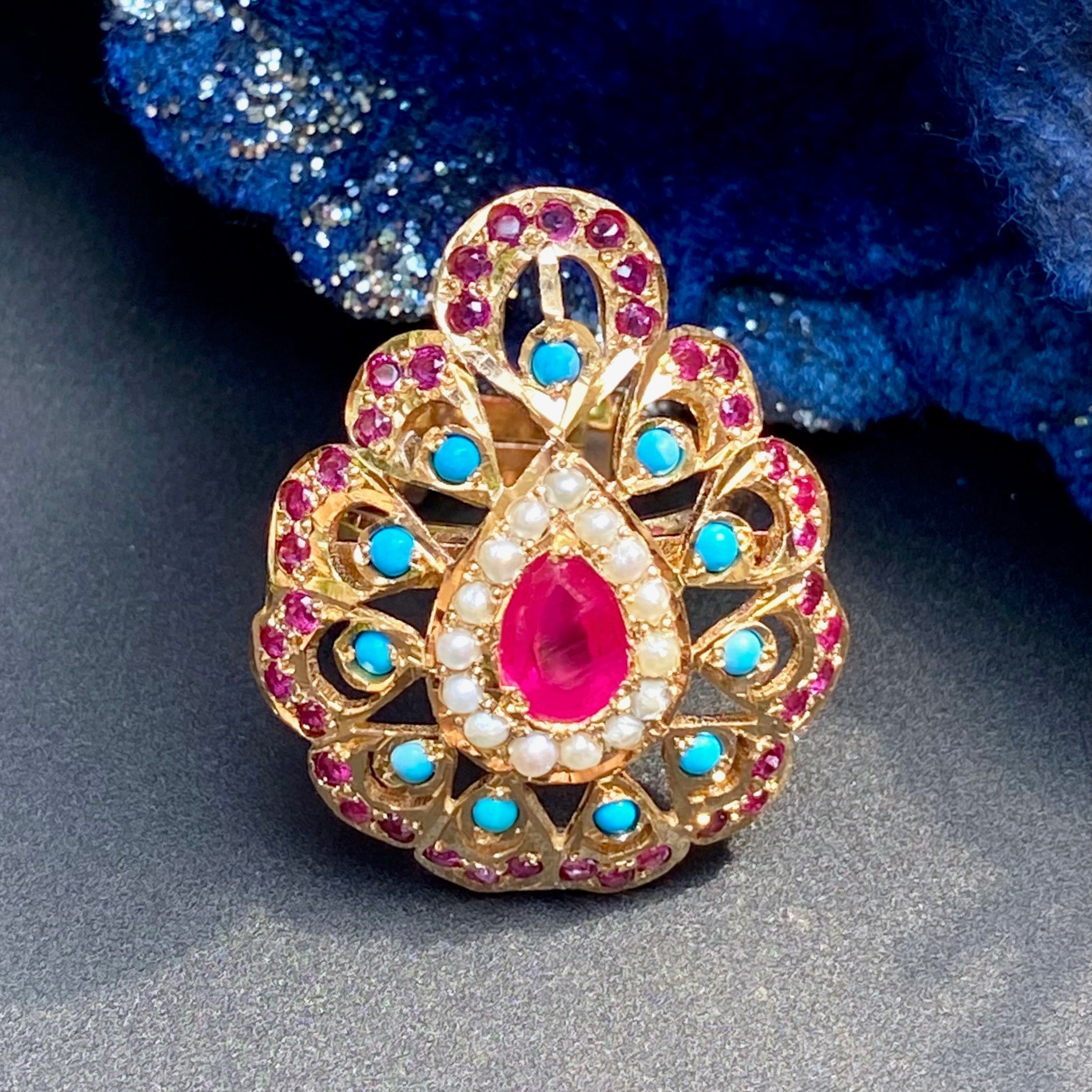 Buy Gold Plated Silver Jewelry Online | Ruby Pearl Turquoise Cocktail Ring  LR 038