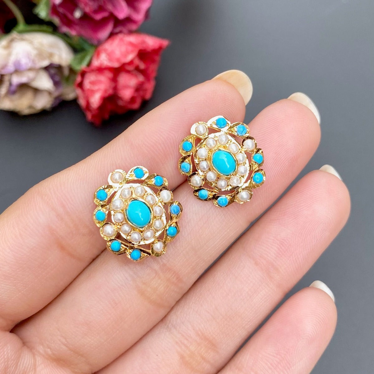 Pearl & Turquoise Studs | 22K Gold | Firoza Tops GER 050A