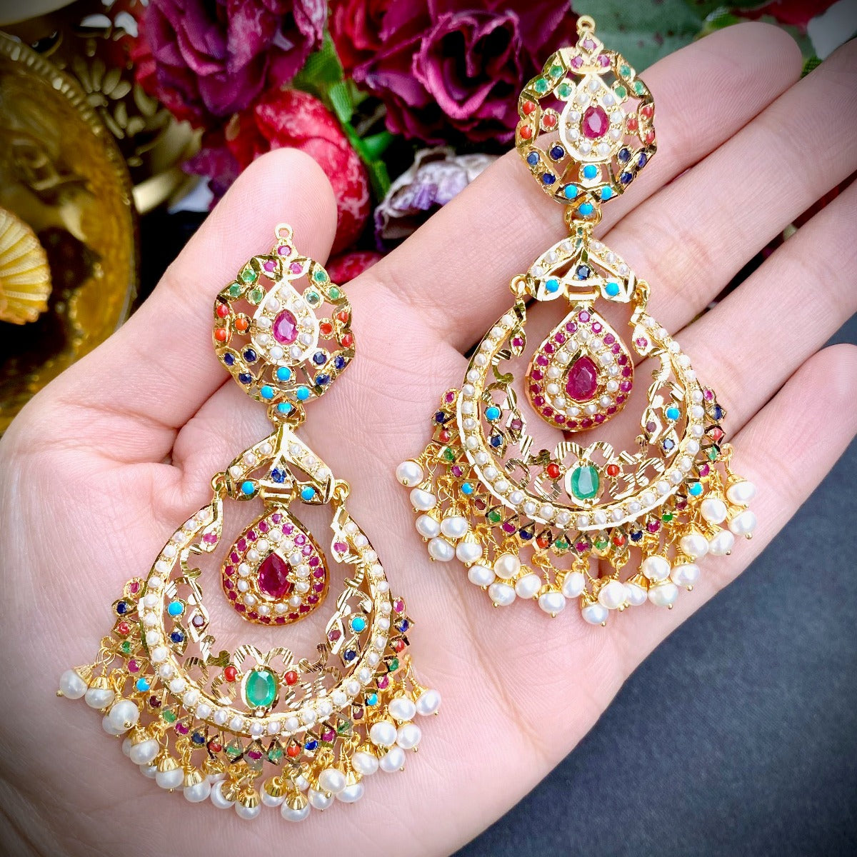 Bollywood gold chandbalis with navratna stones