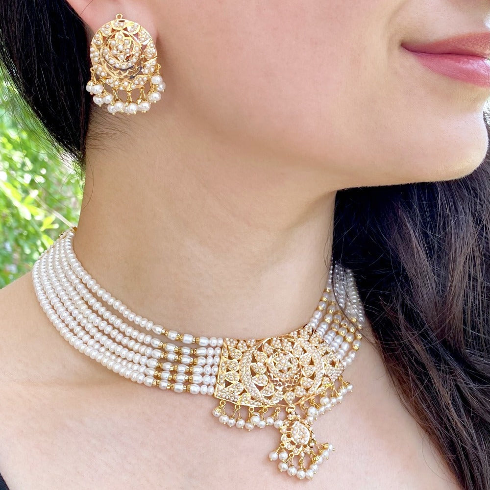 party wear pearl choker set in 22k gold with pearls