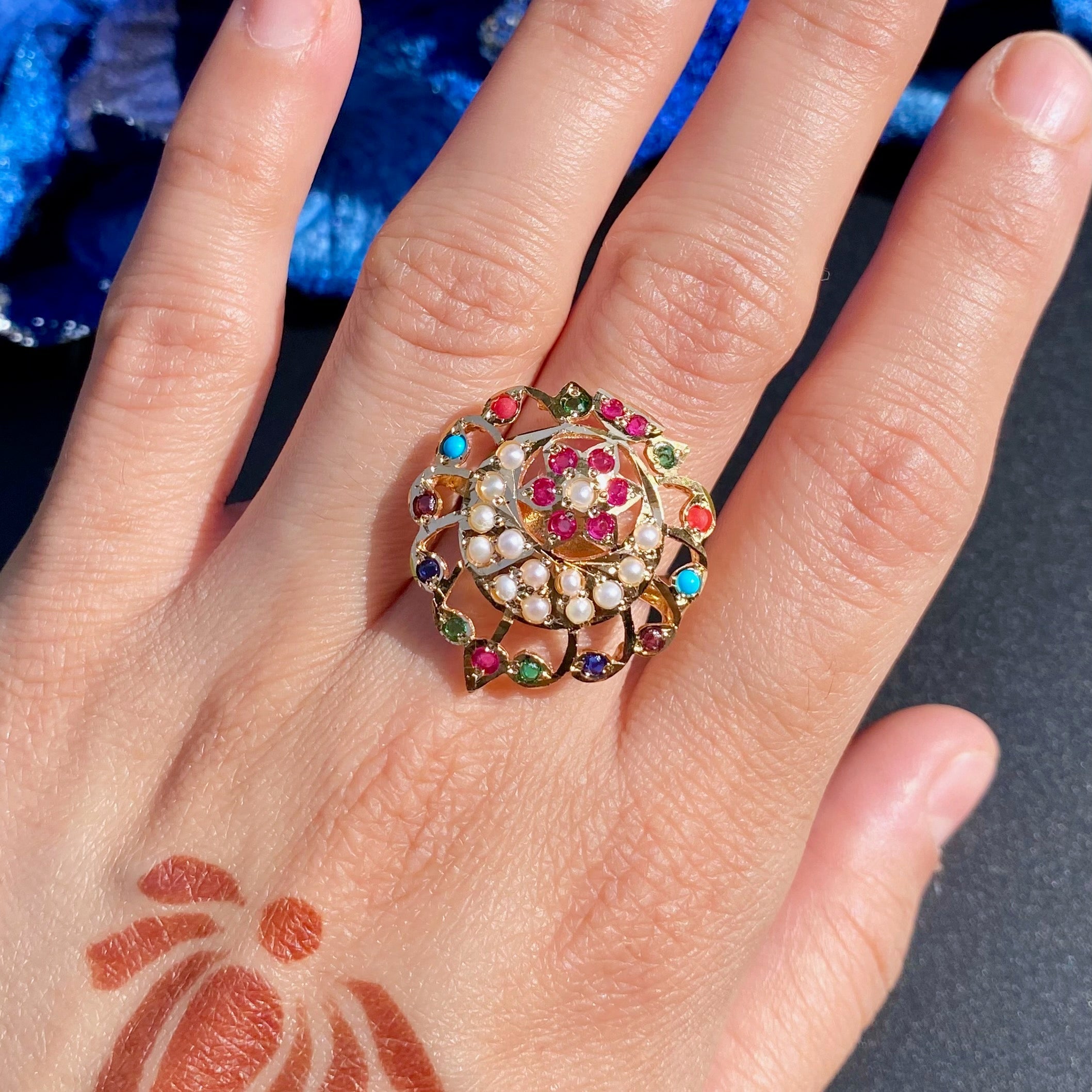 Premium Gold Plated Jadau Ladies Ring | Sterling Silver Base LR 111