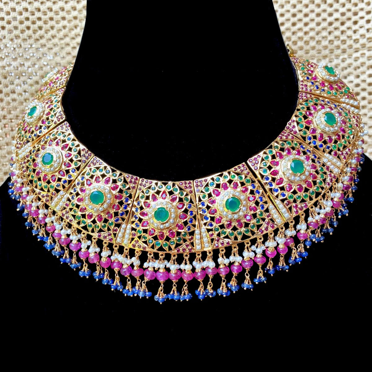 Multicolored Traditional Jadau Bridal Necklace Set in Gold Plated Silver NS 066